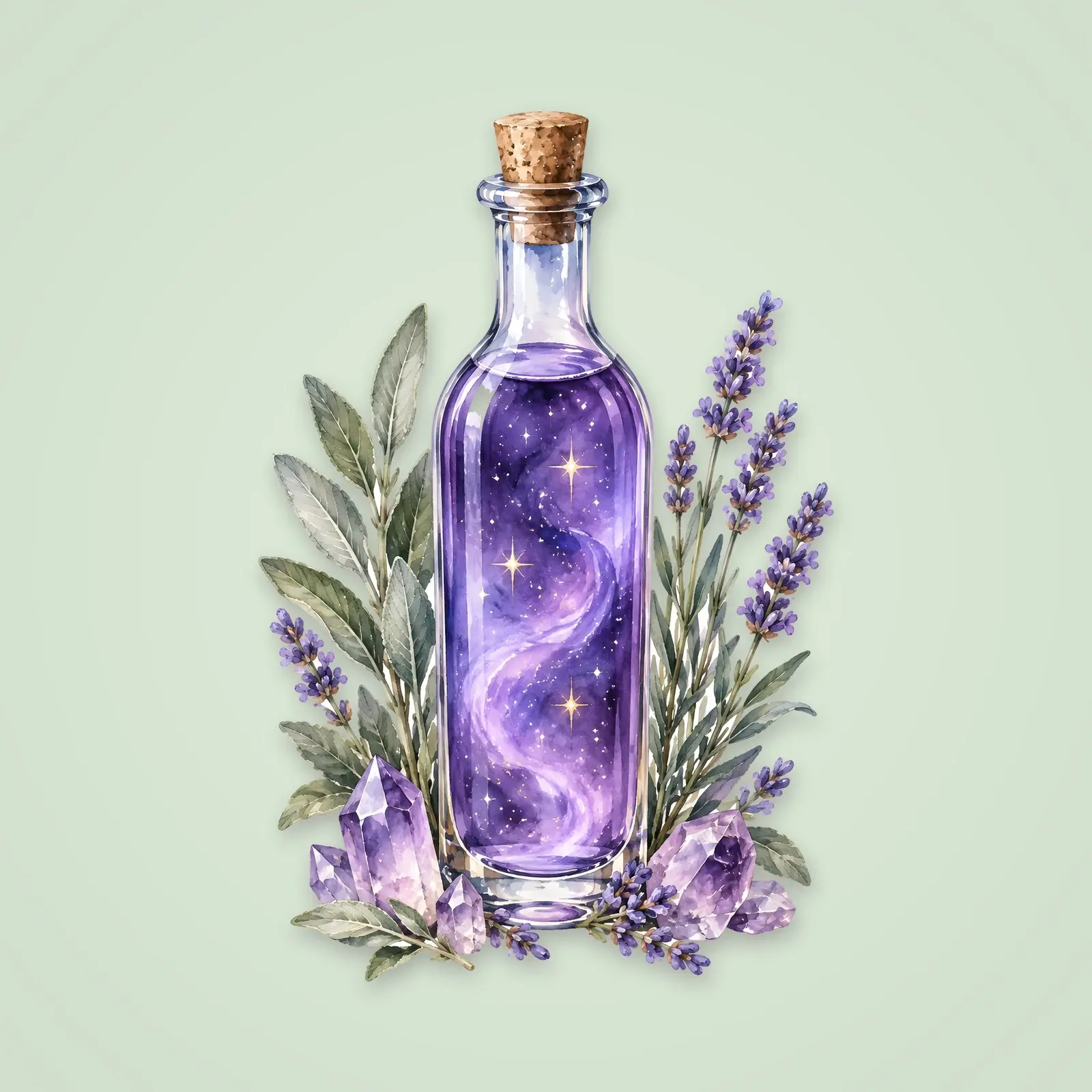 Glowing Potion With Herbs and Crystals – Single Watercolor Illustration, 4200 px PNG and JPG preview