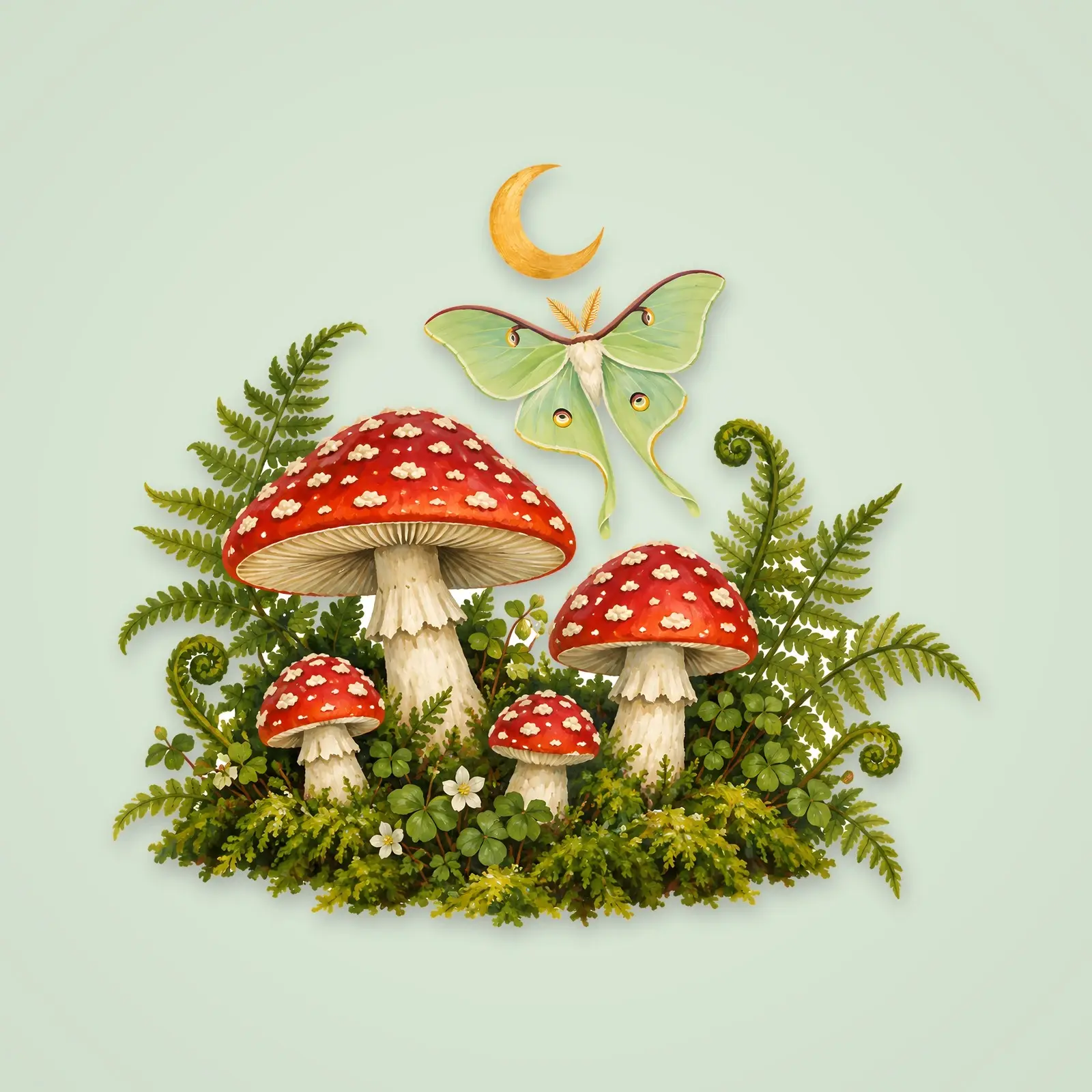 Toadstools Moth and Crescent Moon – Single Gouache Witchy Illustration, 4200 px PNG and JPG preview