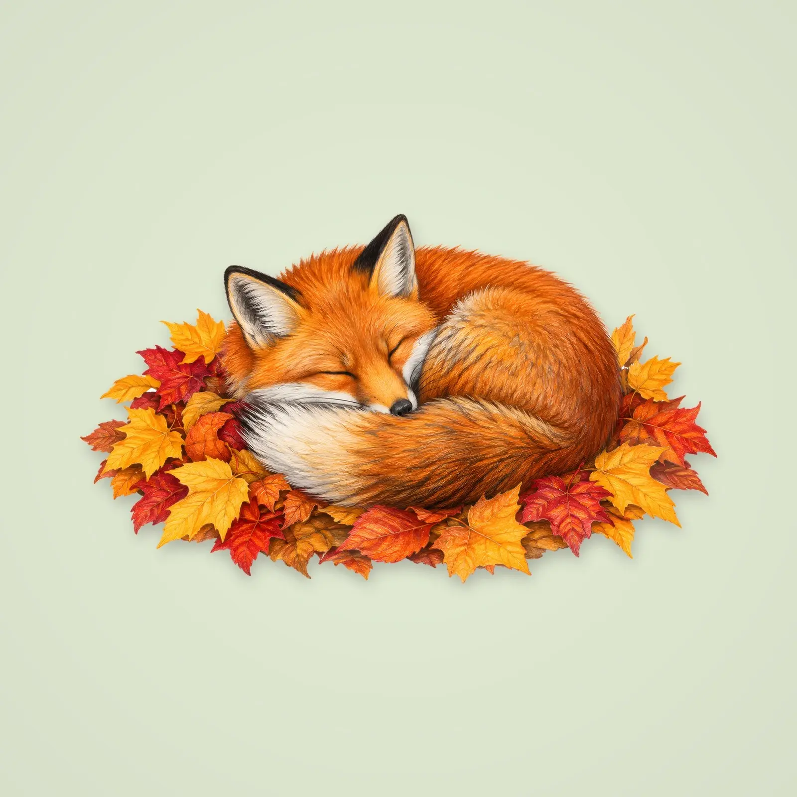 Red Fox Curled in Autumn Leaves – Single Colored Pencil Illustration, 4200 px PNG and JPG preview