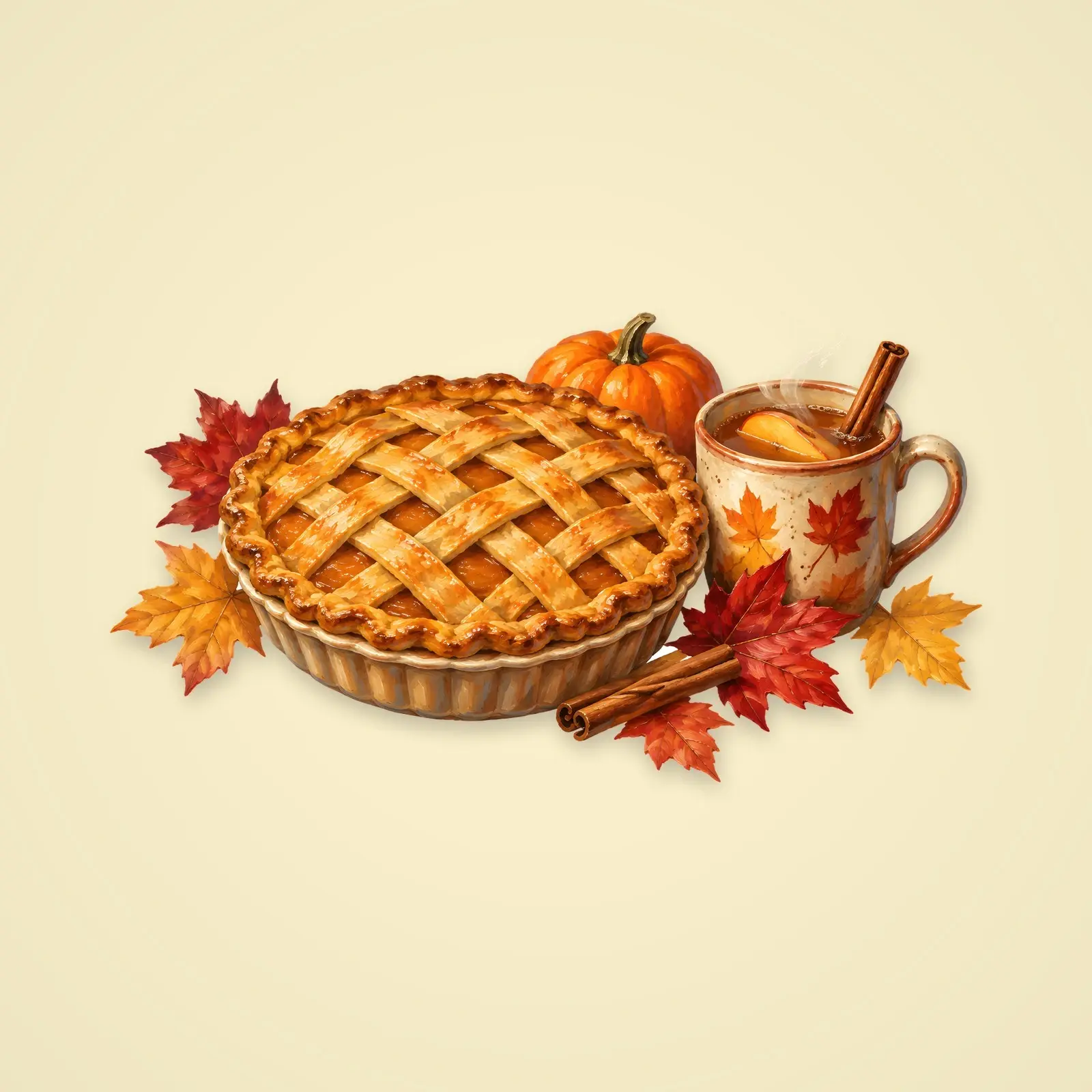 Pumpkin Pie and Cider Still Life – Single Oil Painted Fall Illustration, 4200 px PNG and JPG preview