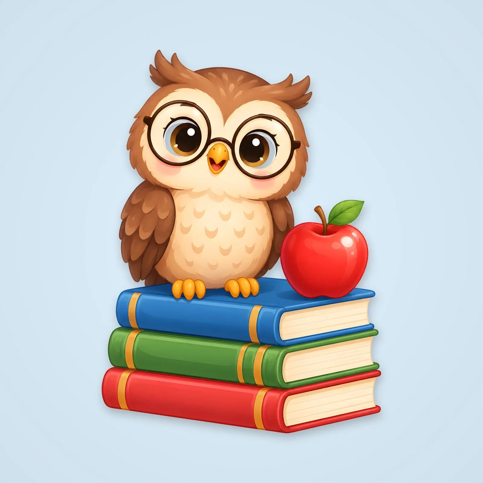 Wise Owl Teacher With Books and Apple – Single Flat Illustration, 4200 px PNG and JPG preview