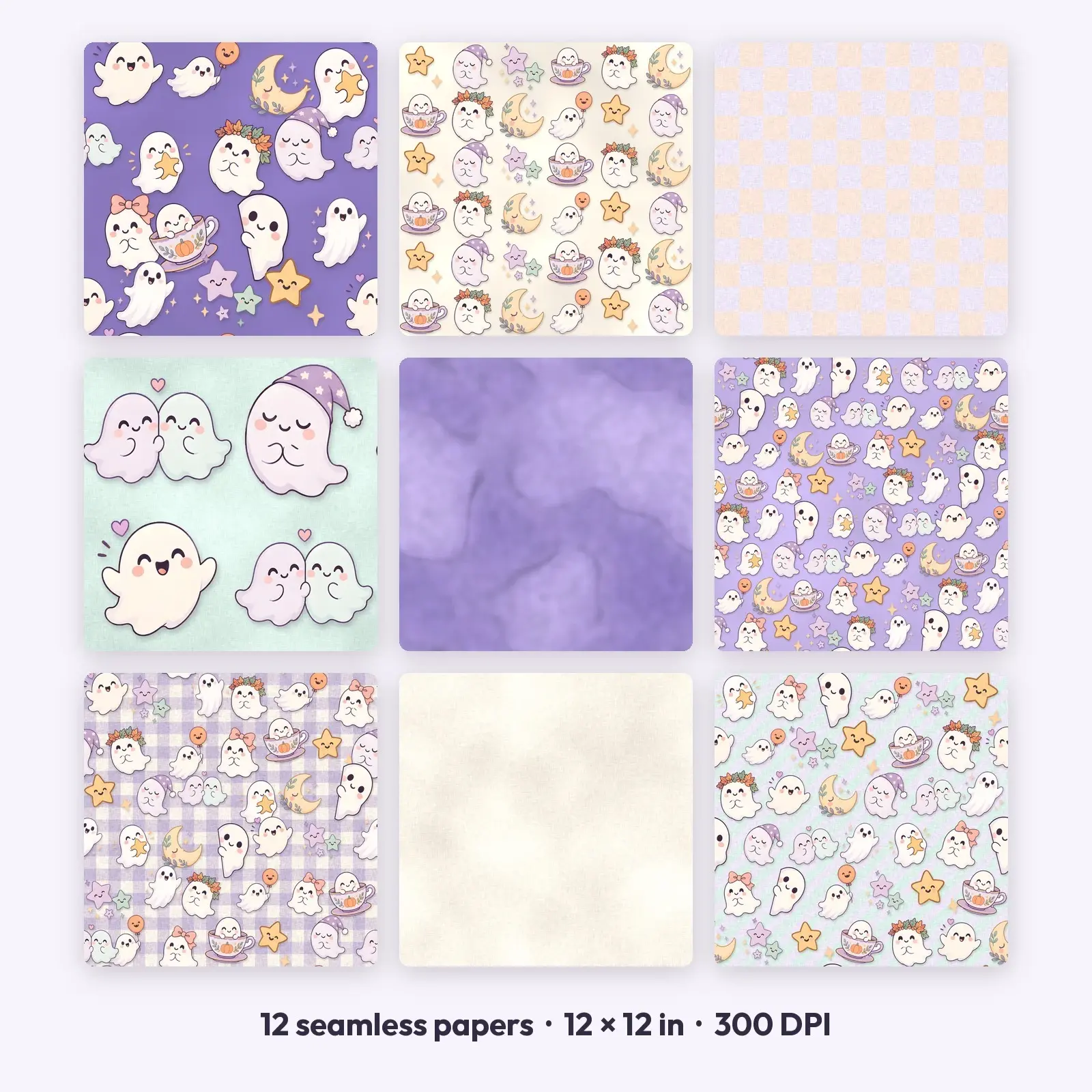 Sleepy Pastel Ghost Digital Scrapbook Paper – 12 Seamless Backgrounds, 12x12 in, preview 1 of 4