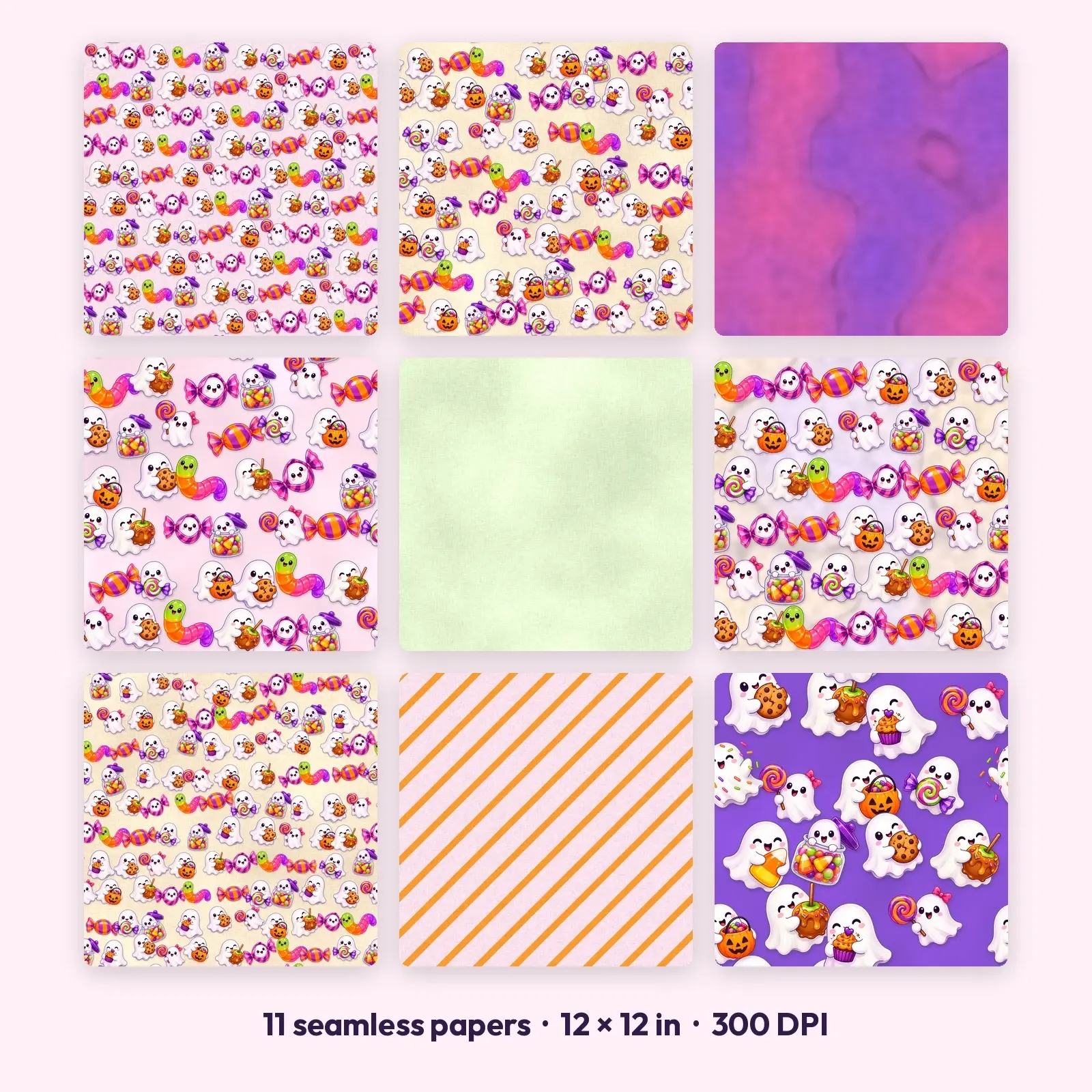 Boo Crew Candy Ghost Seamless Patterns – 11 Digital Papers, 12x12 JPG preview