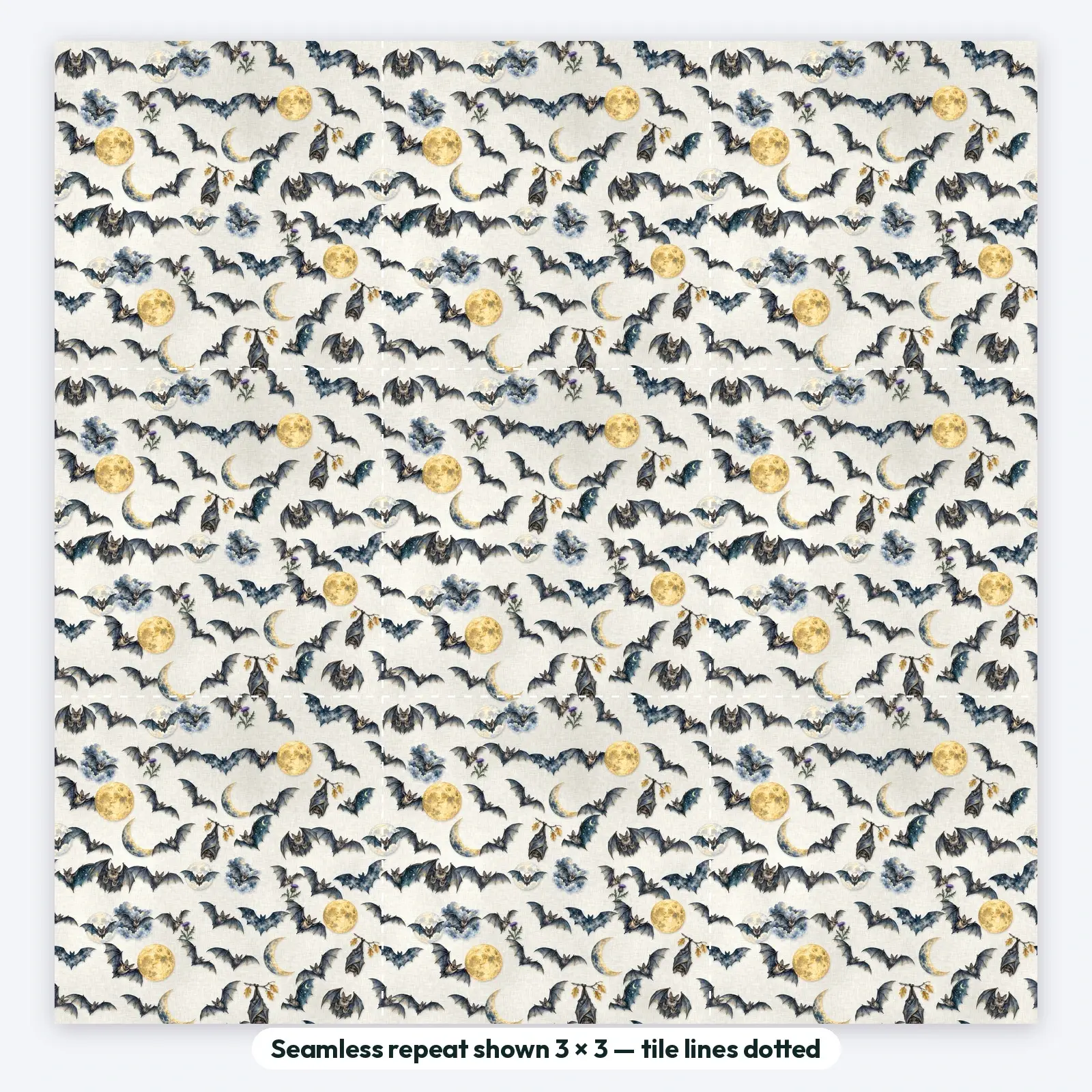 Watercolor Moon and Bats Digital Scrapbook Paper – 14 Seamless Backgrounds, 12x12 in, preview 2 of 4