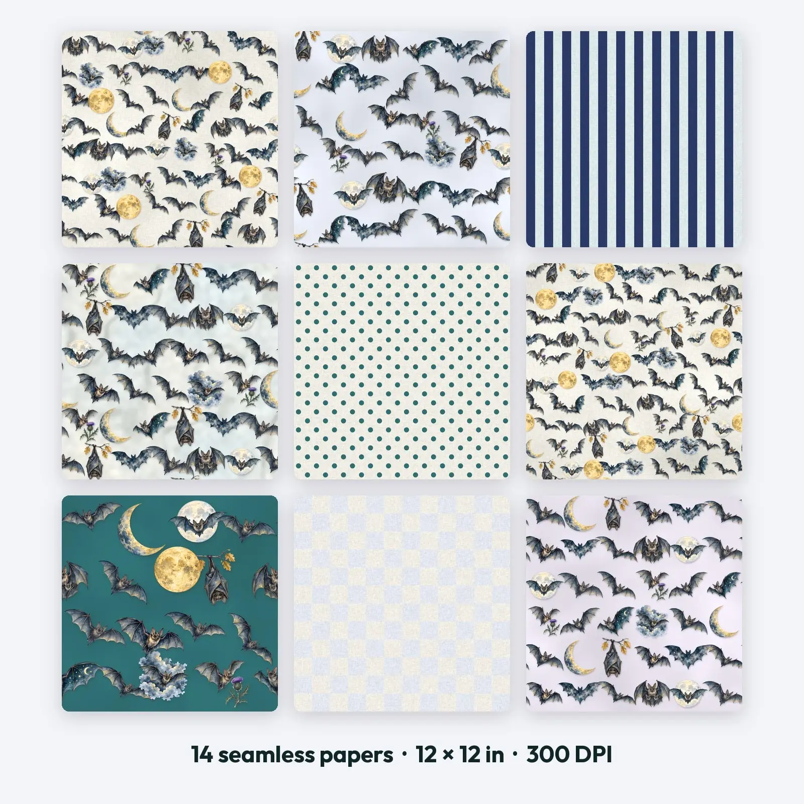 Watercolor Moon and Bats Digital Scrapbook Paper – 14 Seamless Backgrounds, 12x12 in preview