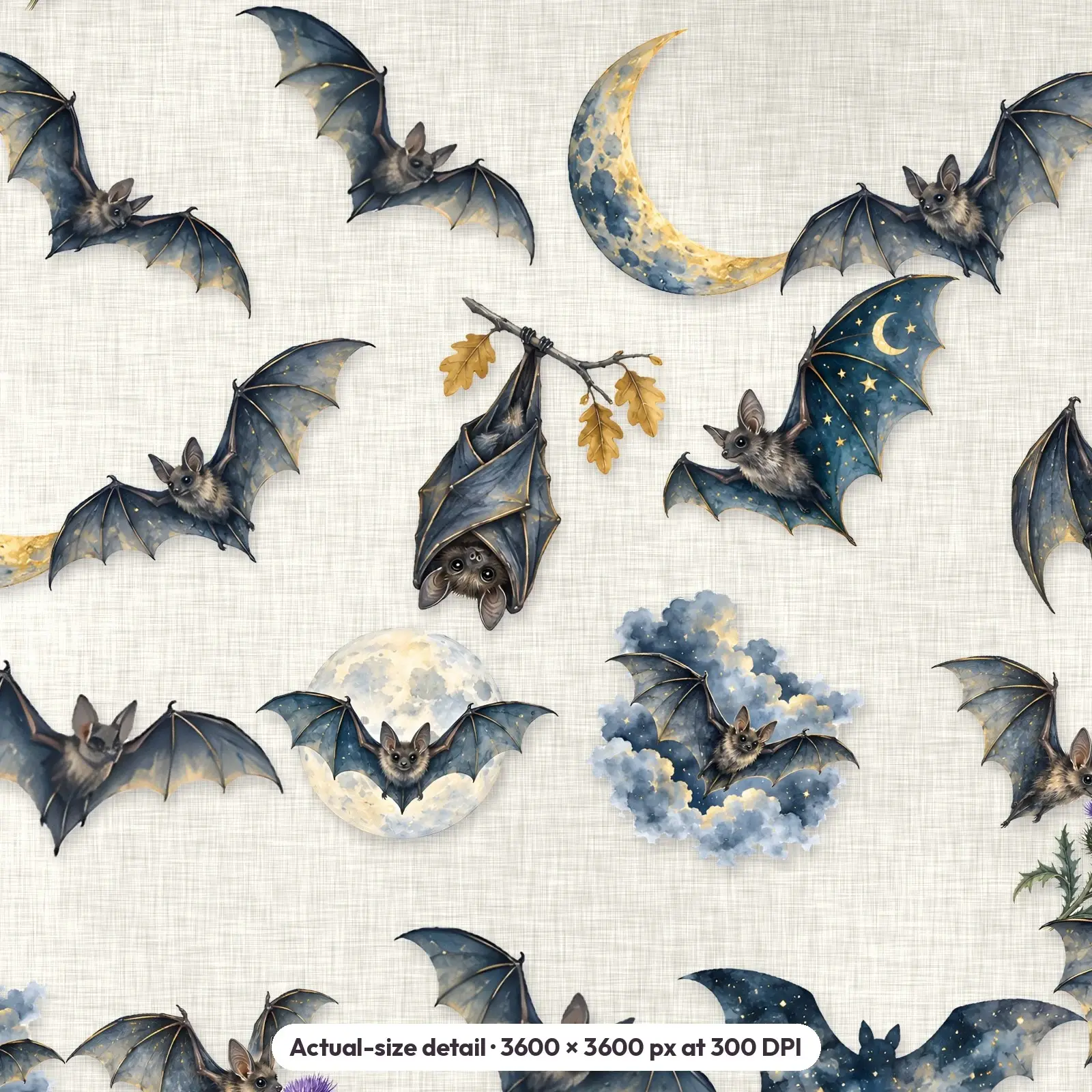 Watercolor Moon and Bats Digital Scrapbook Paper – 14 Seamless Backgrounds, 12x12 in, preview 4 of 4