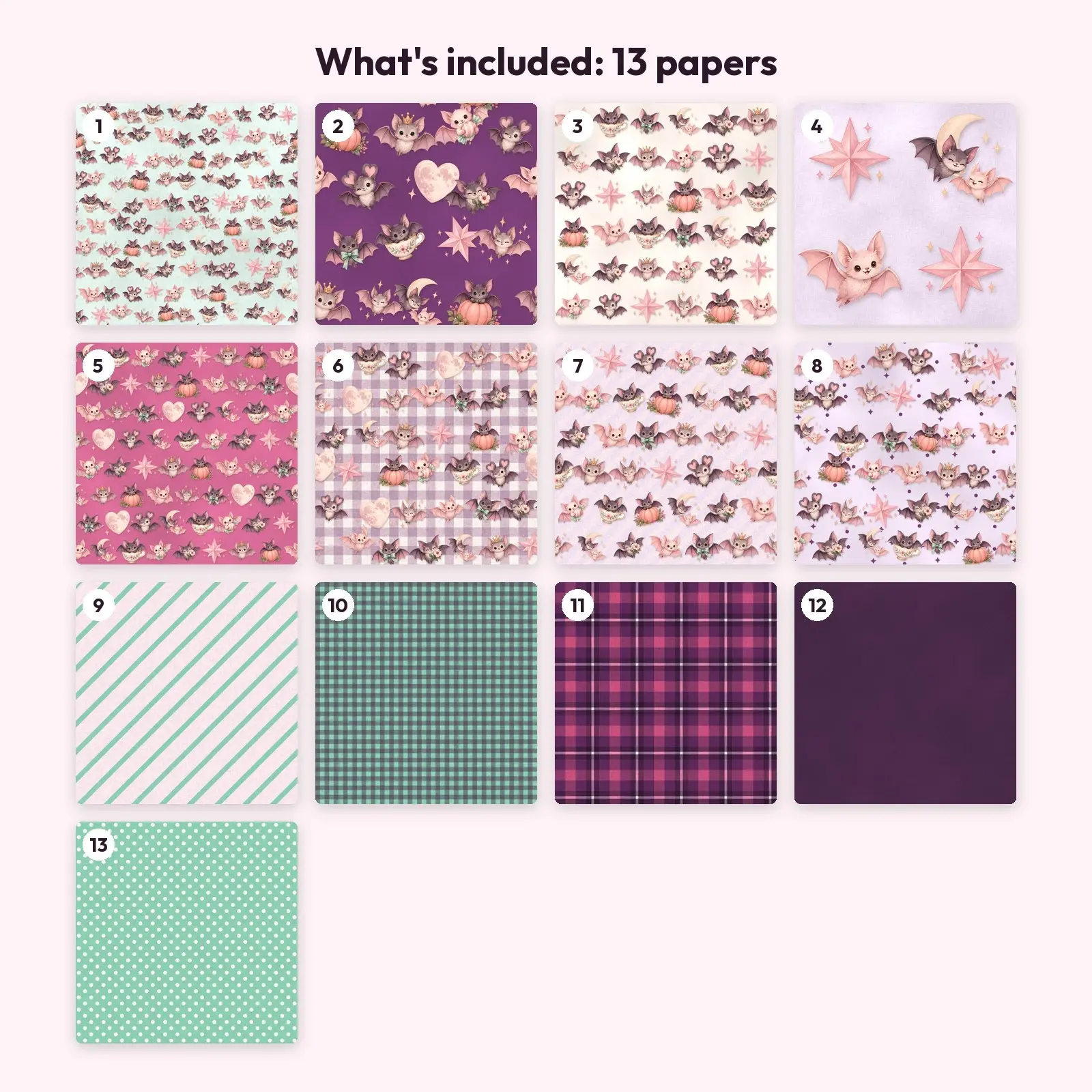 Pastel Pink Bat Seamless Digital Paper Pack – 13 Printable 12x12 Patterns, preview 3 of 4