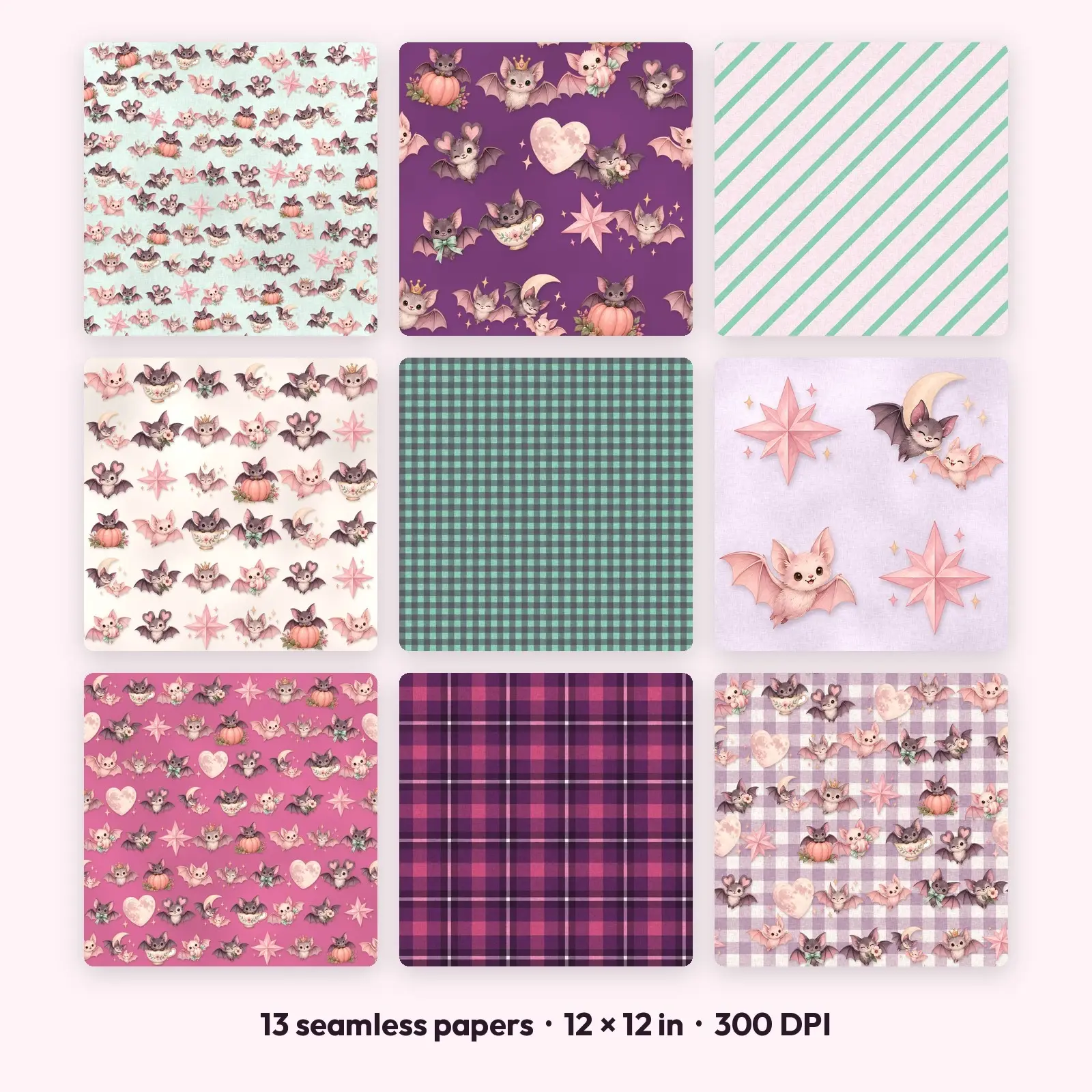 Pastel Pink Bat Seamless Digital Paper Pack – 13 Printable 12x12 Patterns, preview 1 of 4