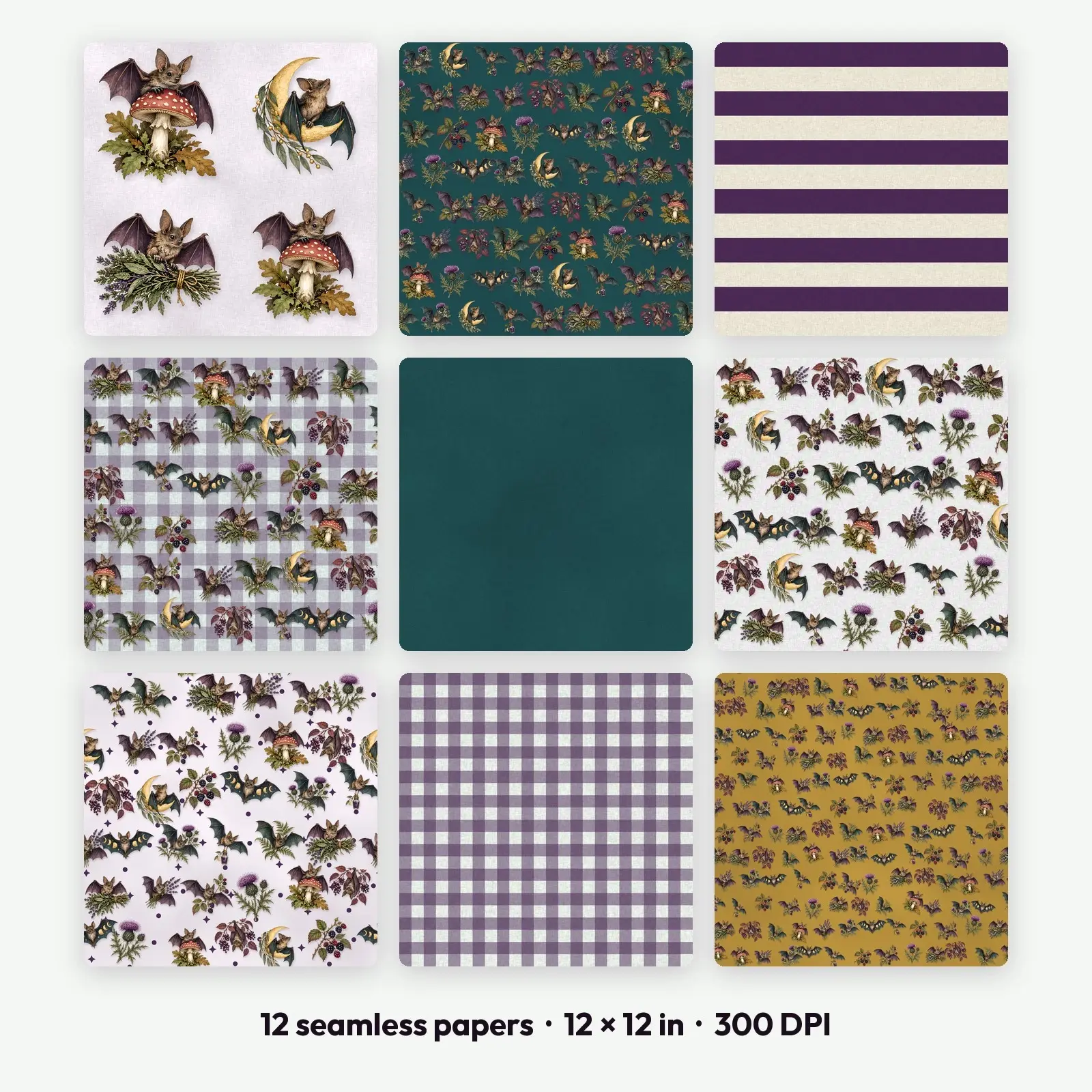 12 Bats and Bramble Seamless Backgrounds – Digital Paper Pack, 300 DPI JPG preview