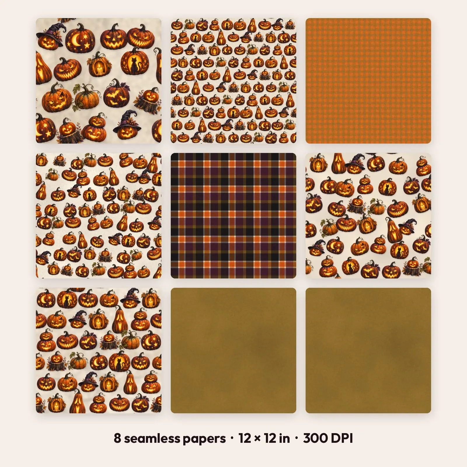 Jack-o-Lantern Glow Digital Scrapbook Paper – 8 Seamless Backgrounds, 12x12 in preview
