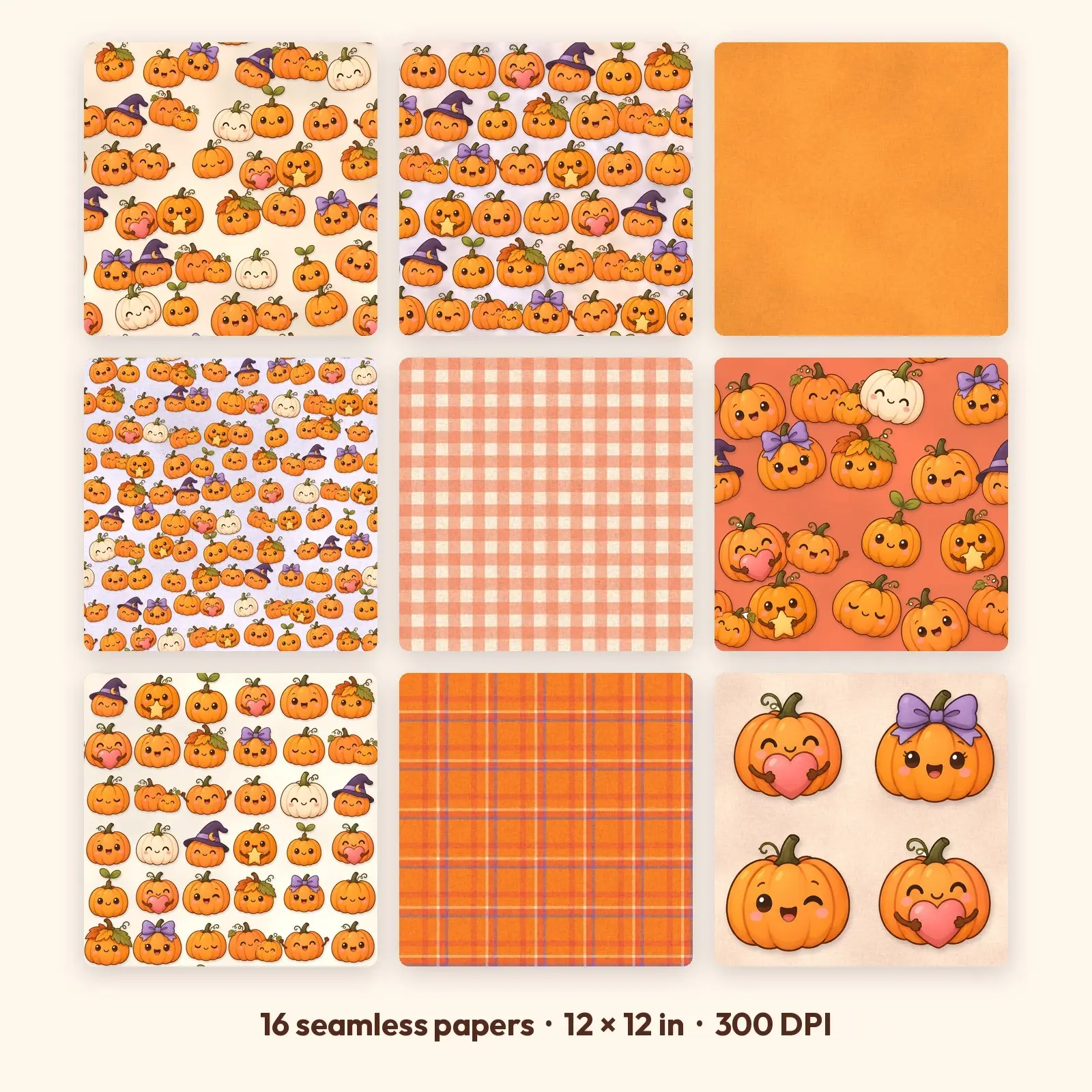 Smiling Pumpkin Friends Seamless Digital Paper Pack – 16 Printable 12x12 Patterns preview