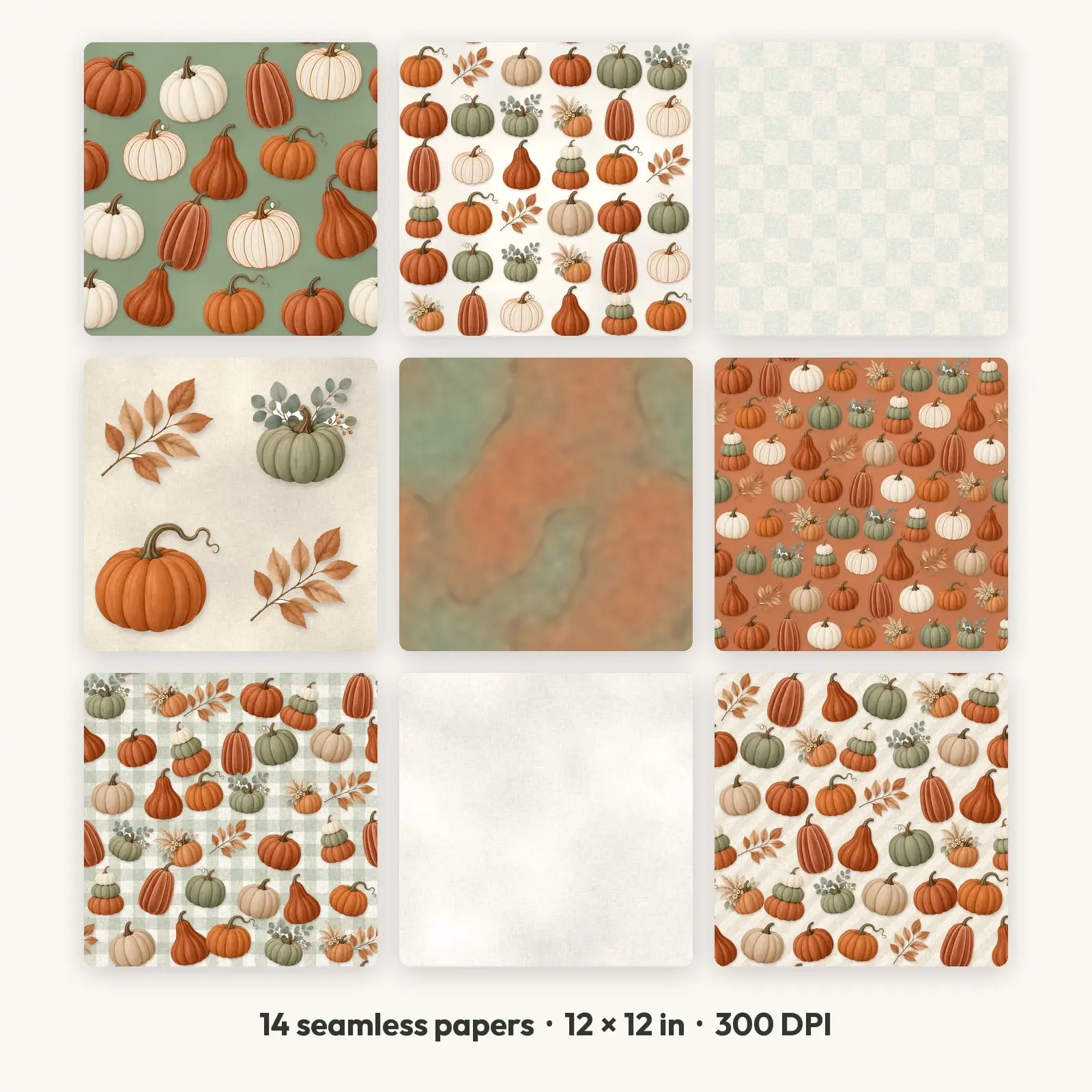 14 Boho Neutral Pumpkins Seamless Backgrounds – Digital Paper Pack, 300 DPI JPG preview