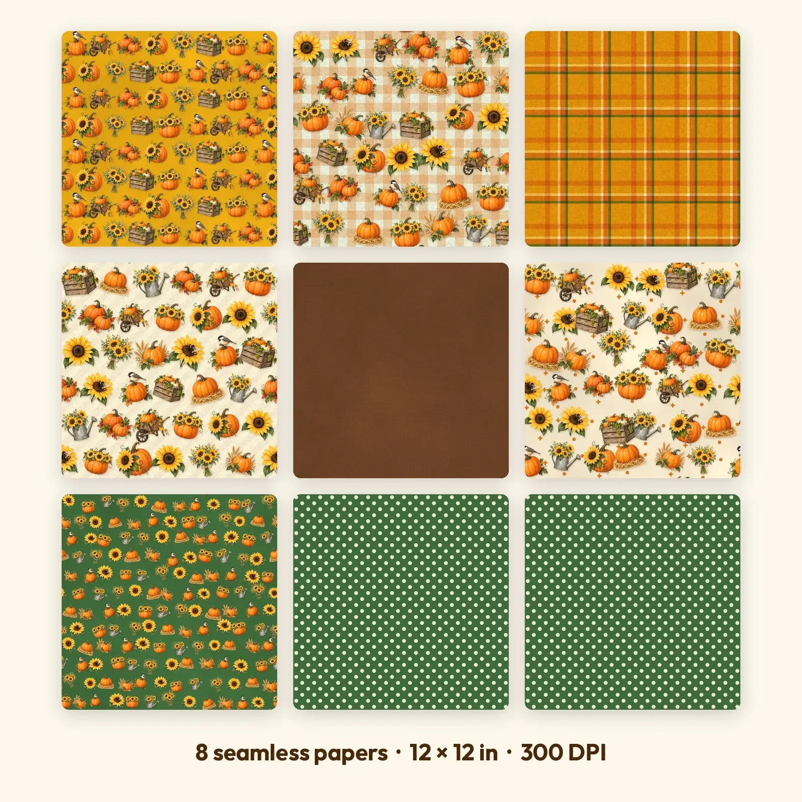 Pumpkins and Sunflowers Seamless Patterns – 8 Digital Papers, 12x12 JPG preview