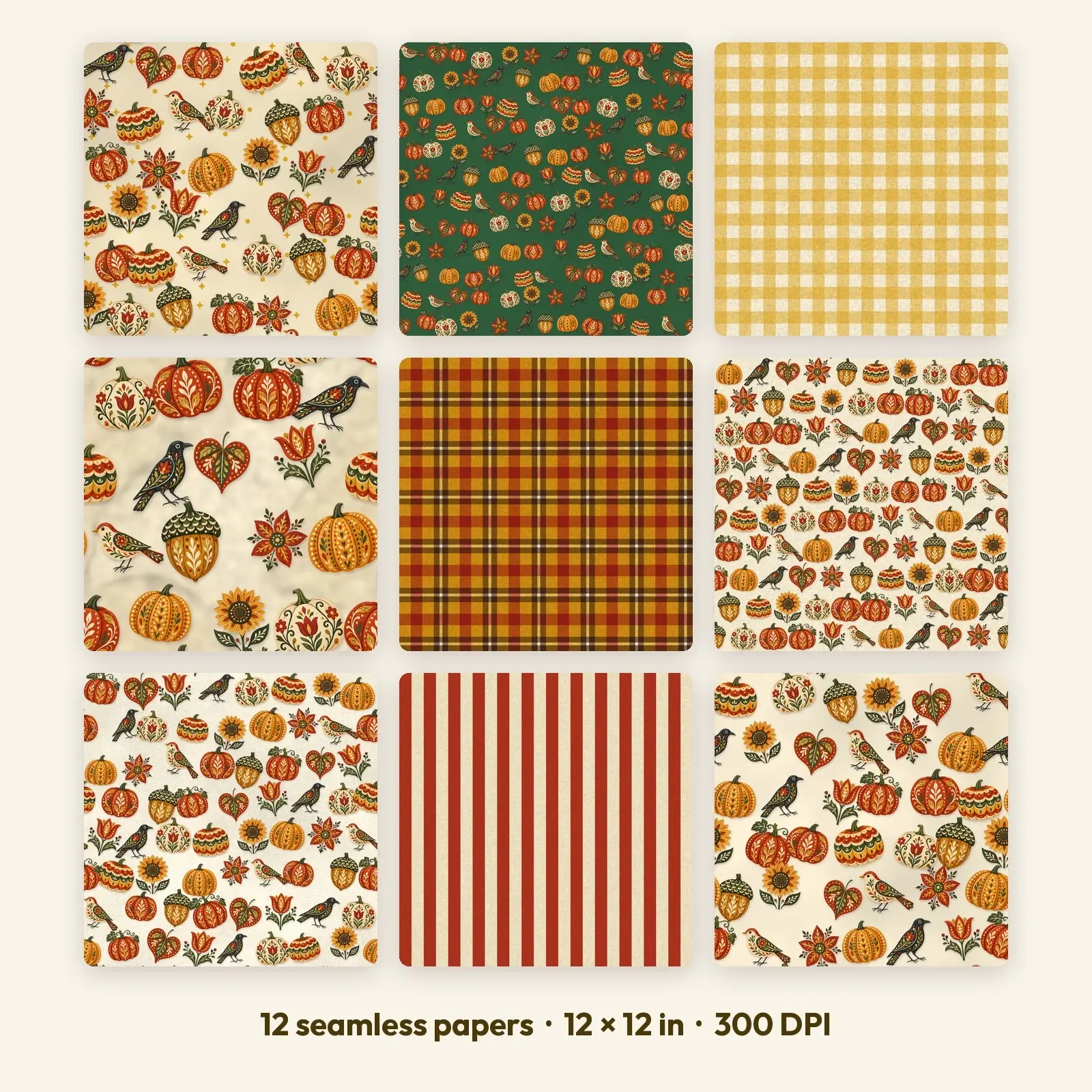 Folk Art Pumpkin Digital Scrapbook Paper – 12 Seamless Backgrounds, 12x12 in preview