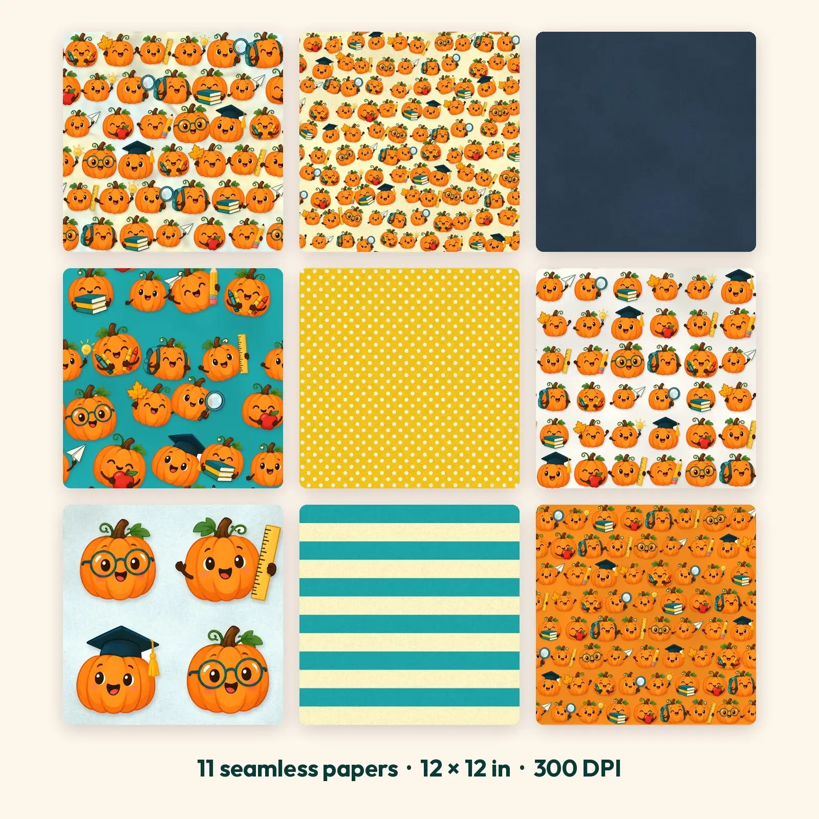 11 Little Pumpkin Learners Seamless Backgrounds – Digital Paper Pack, 300 DPI JPG preview