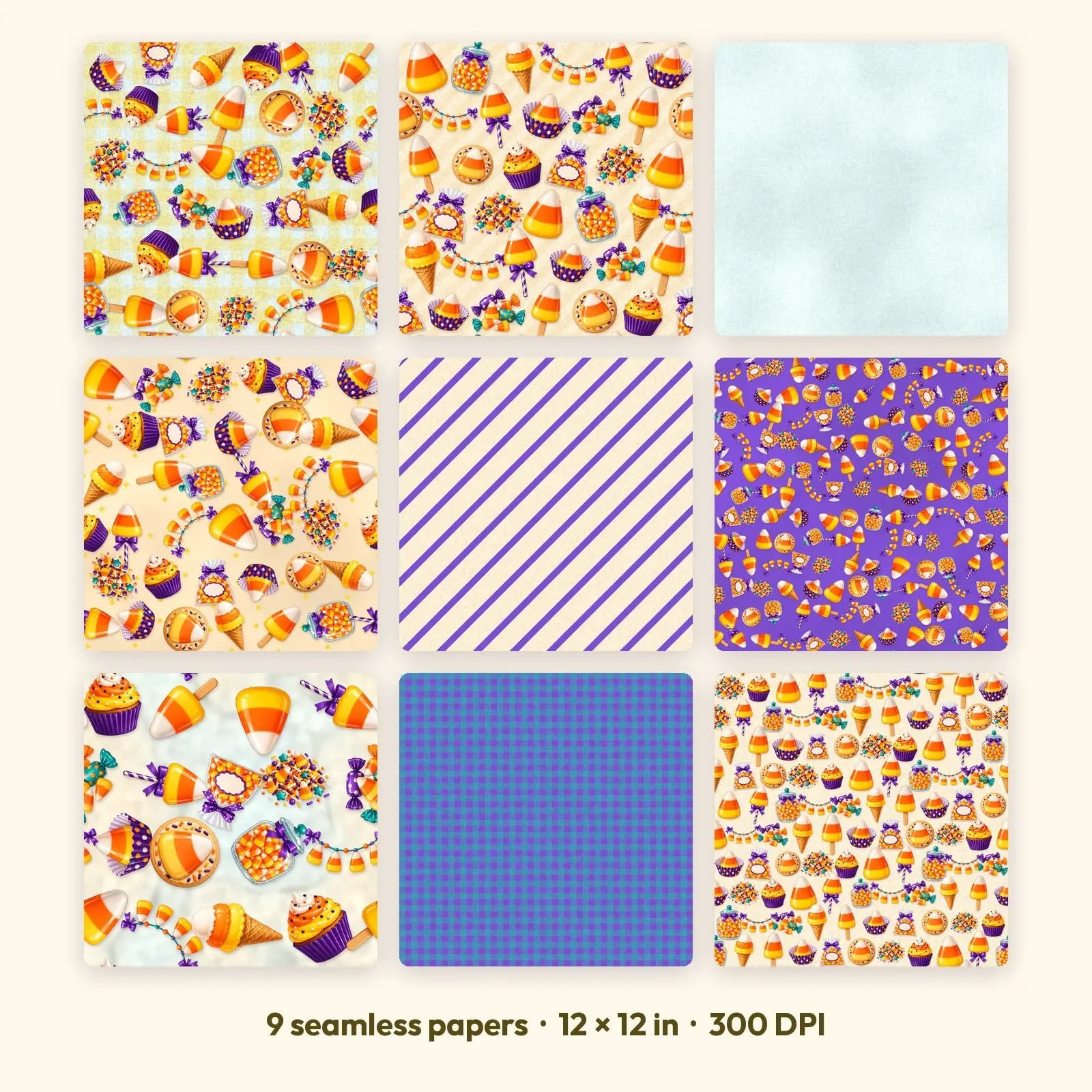 Candy Corn Sweet Shop Digital Scrapbook Paper – 9 Seamless Backgrounds, 12x12 in preview