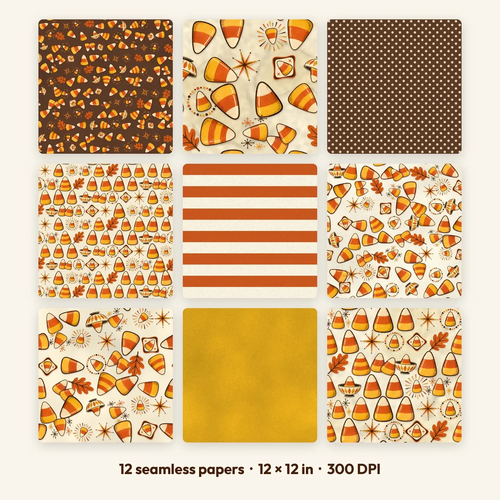 Retro Candy Corn Seamless Digital Paper Pack – 12 Printable 12x12 Patterns preview