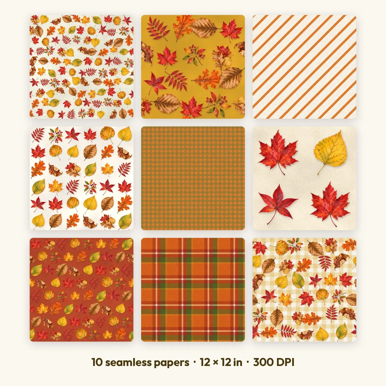 Watercolor Autumn Leaves Seamless Patterns – 10 Digital Papers, 12x12 JPG + PNG preview