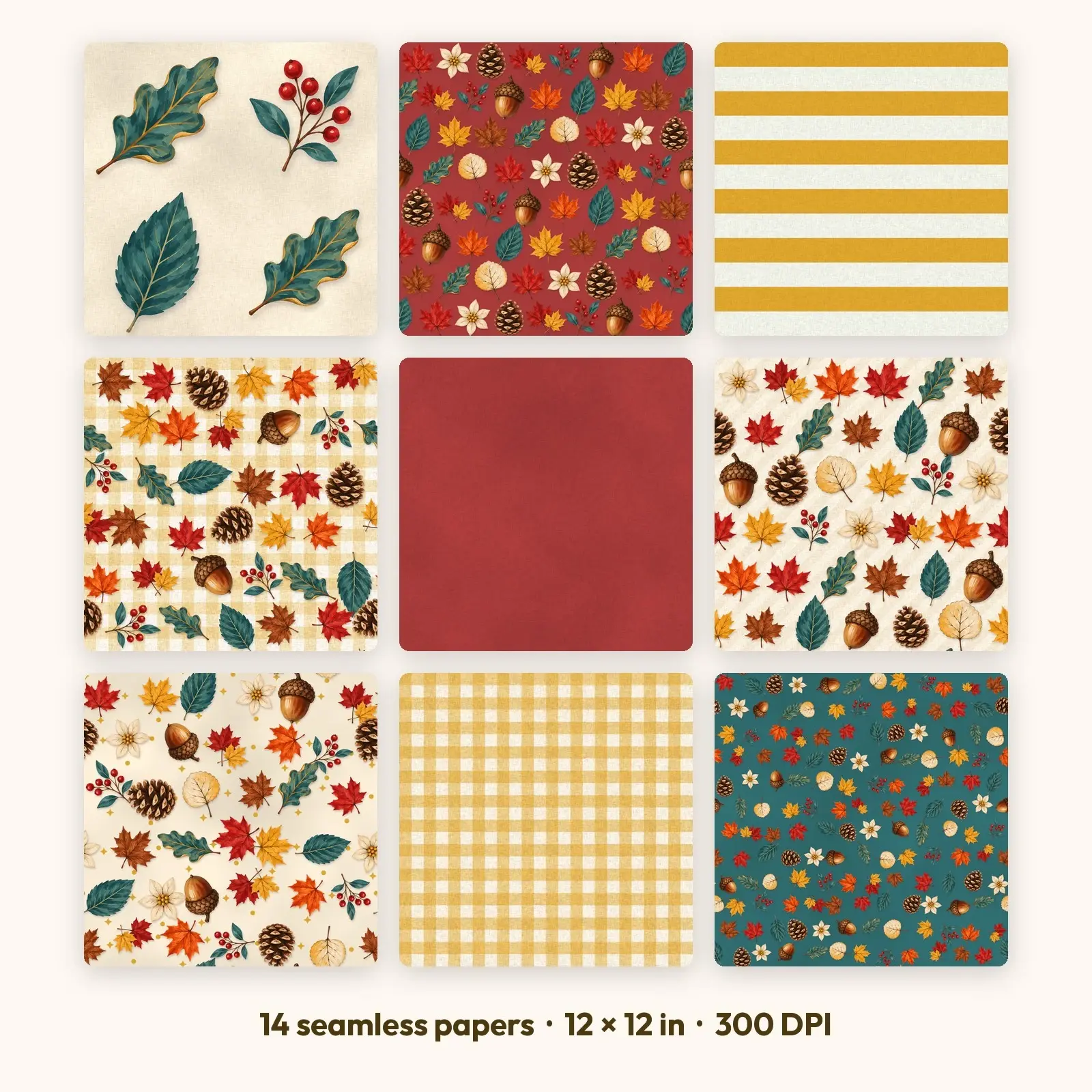 Ditsy Maple Leaf Digital Scrapbook Paper – 14 Seamless Backgrounds, 12x12 in preview