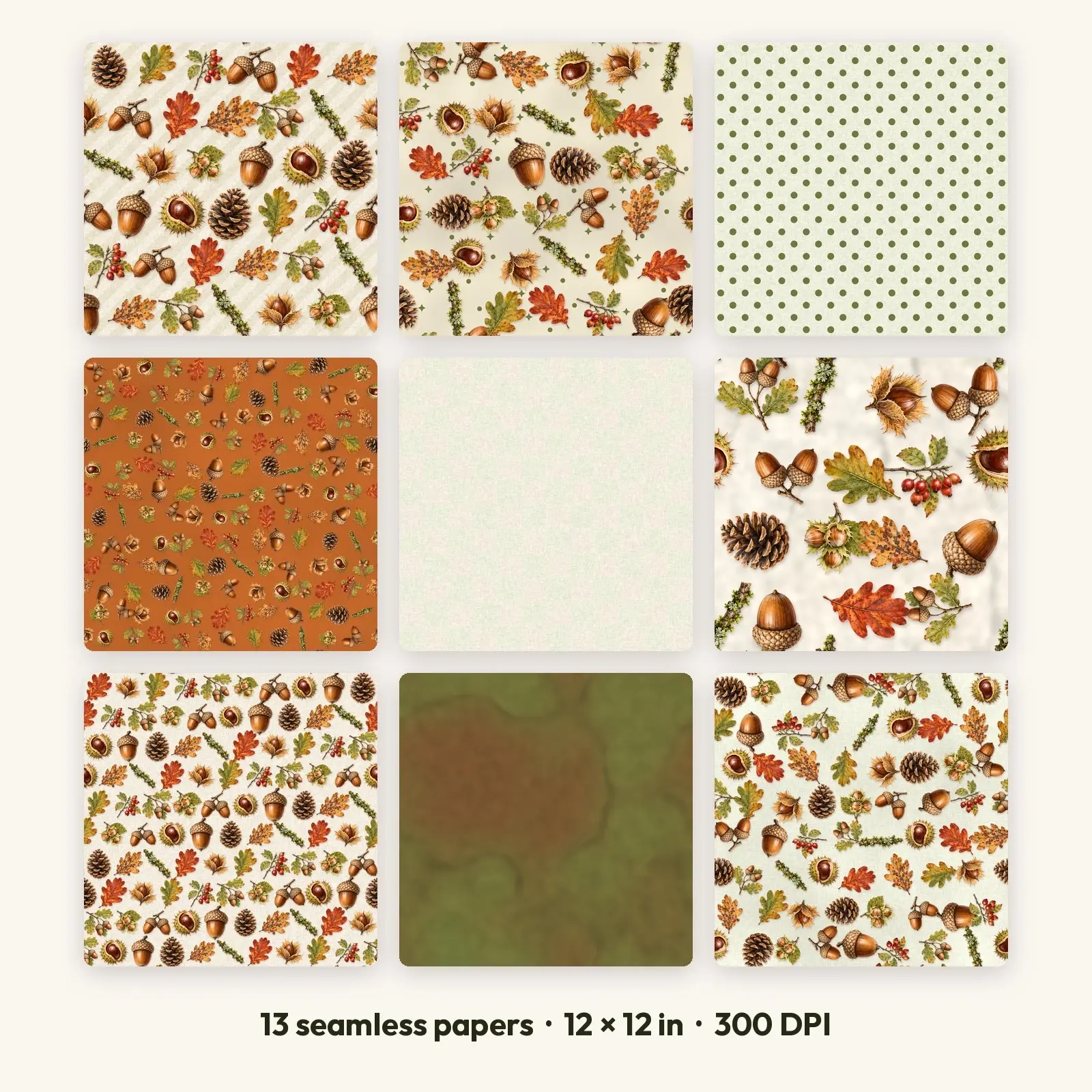Oak and Acorn Woodland Seamless Digital Paper Pack – 13 Printable 12x12 Patterns preview
