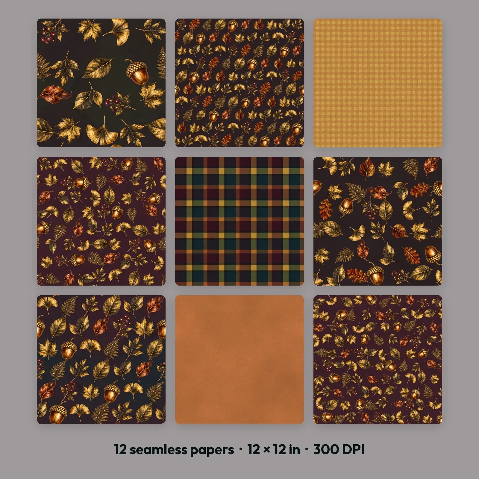12 Gilded Leaves at Night Seamless Backgrounds – Digital Paper Pack, 300 DPI JPG preview
