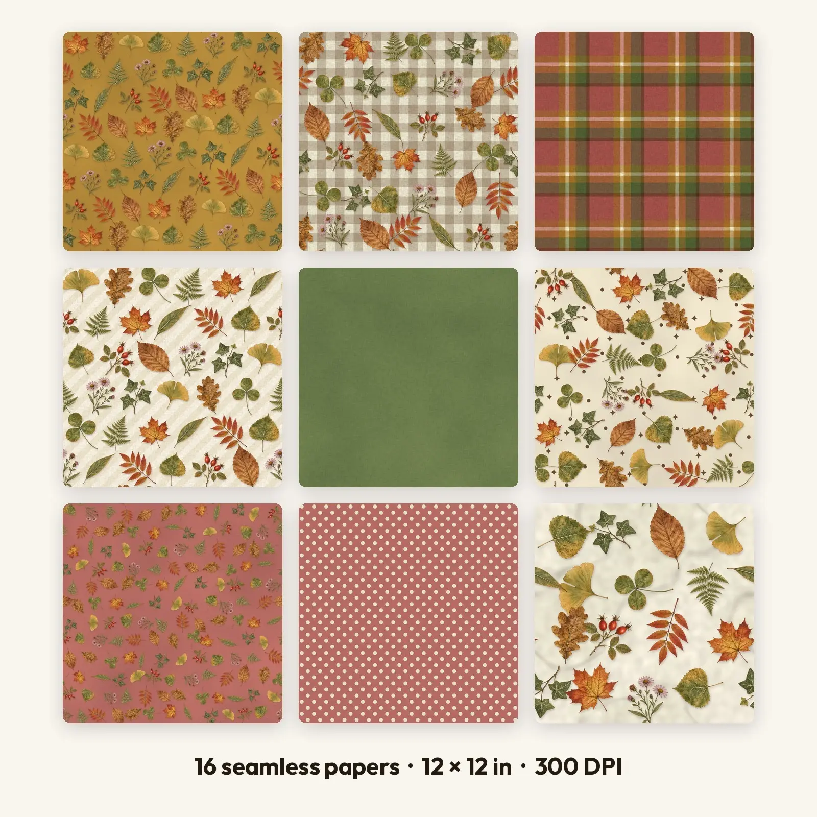 Pressed Leaf Botanical Seamless Digital Paper Pack – 16 Printable 12x12 Patterns preview
