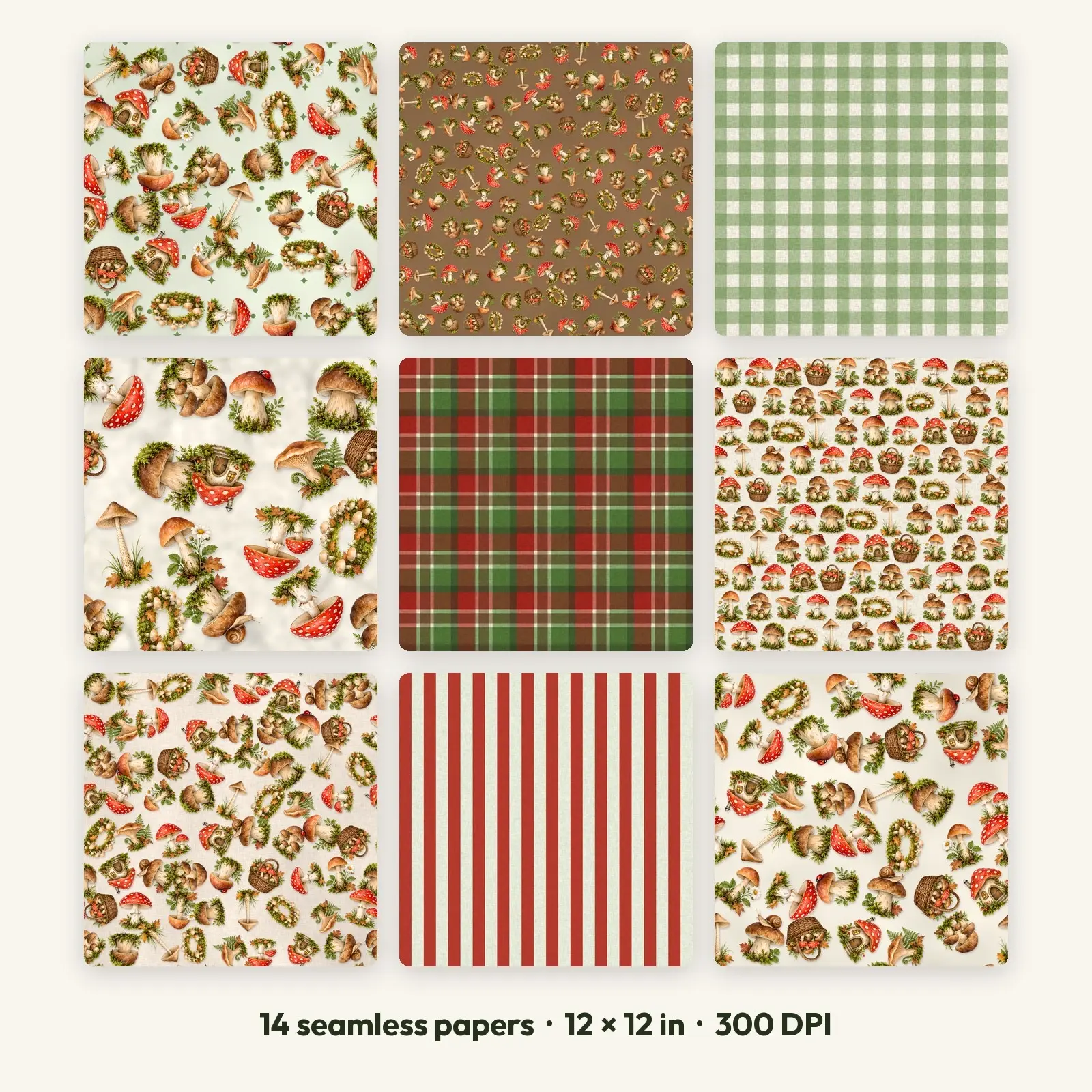 14 Cottagecore Toadstool Seamless Backgrounds – Digital Paper Pack, 300 DPI JPG preview
