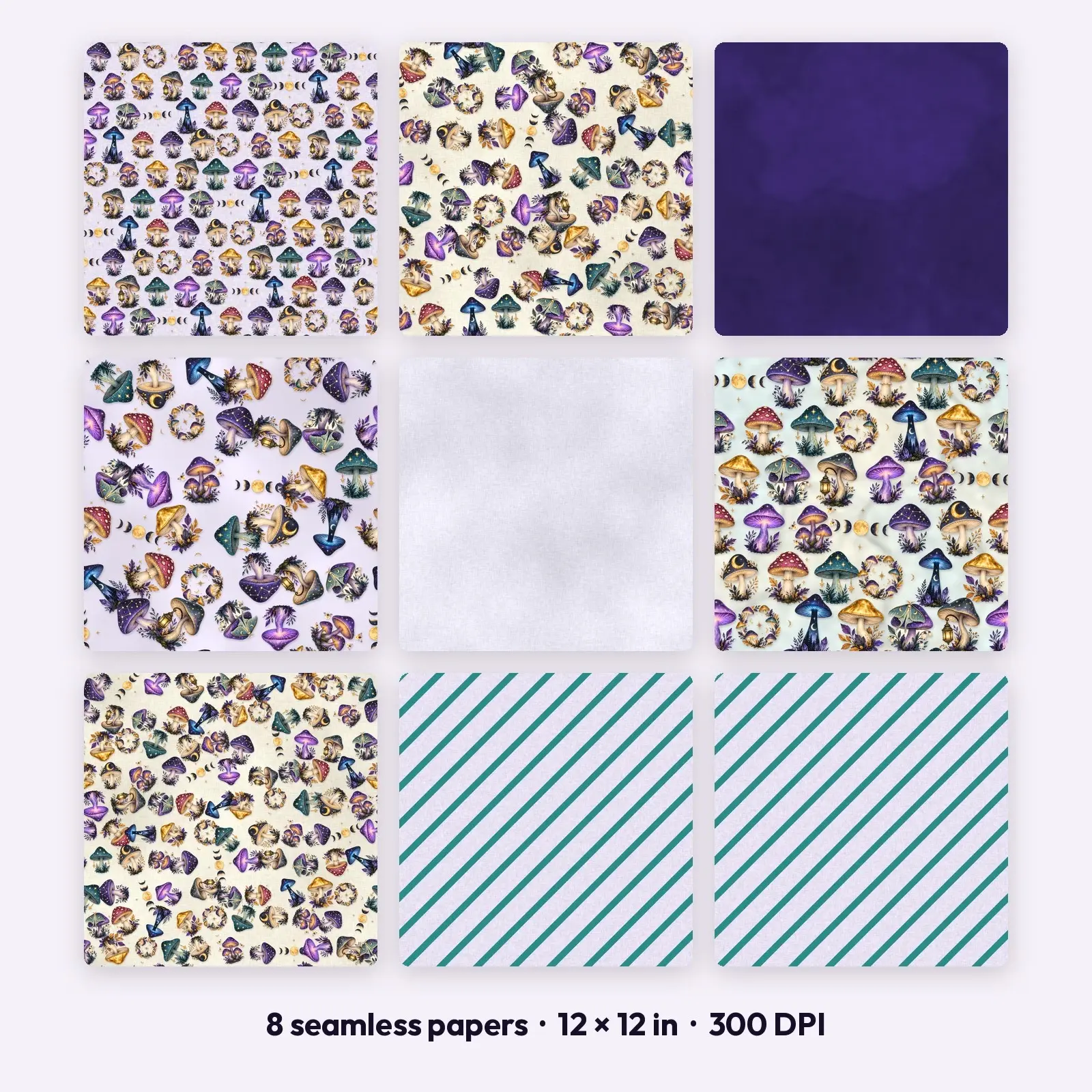 Enchanted Mushroom Moon Seamless Patterns – 8 Digital Papers, 12x12 JPG preview