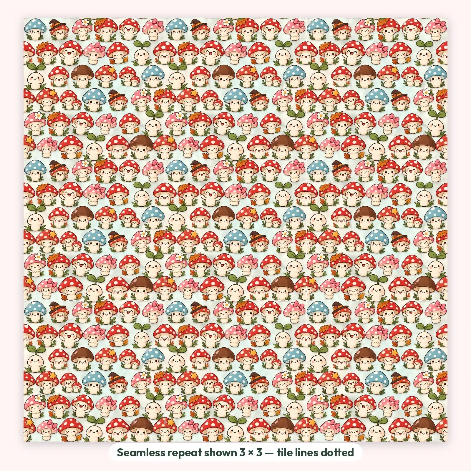 Kawaii Mushroom Friends Digital Scrapbook Paper – 12 Seamless Backgrounds, 12x12 in, preview 2 of 4