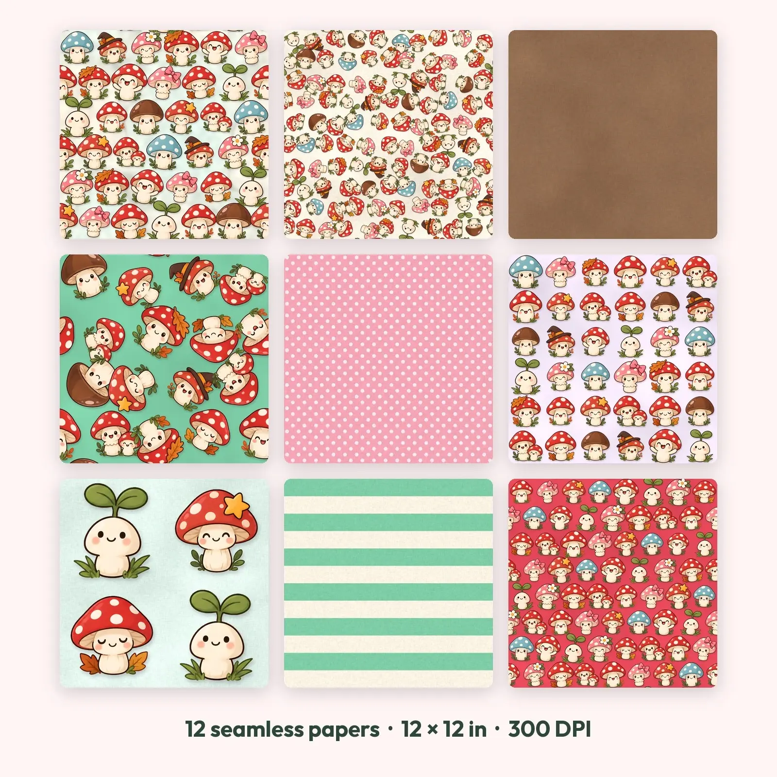 Kawaii Mushroom Friends Digital Scrapbook Paper – 12 Seamless Backgrounds, 12x12 in preview