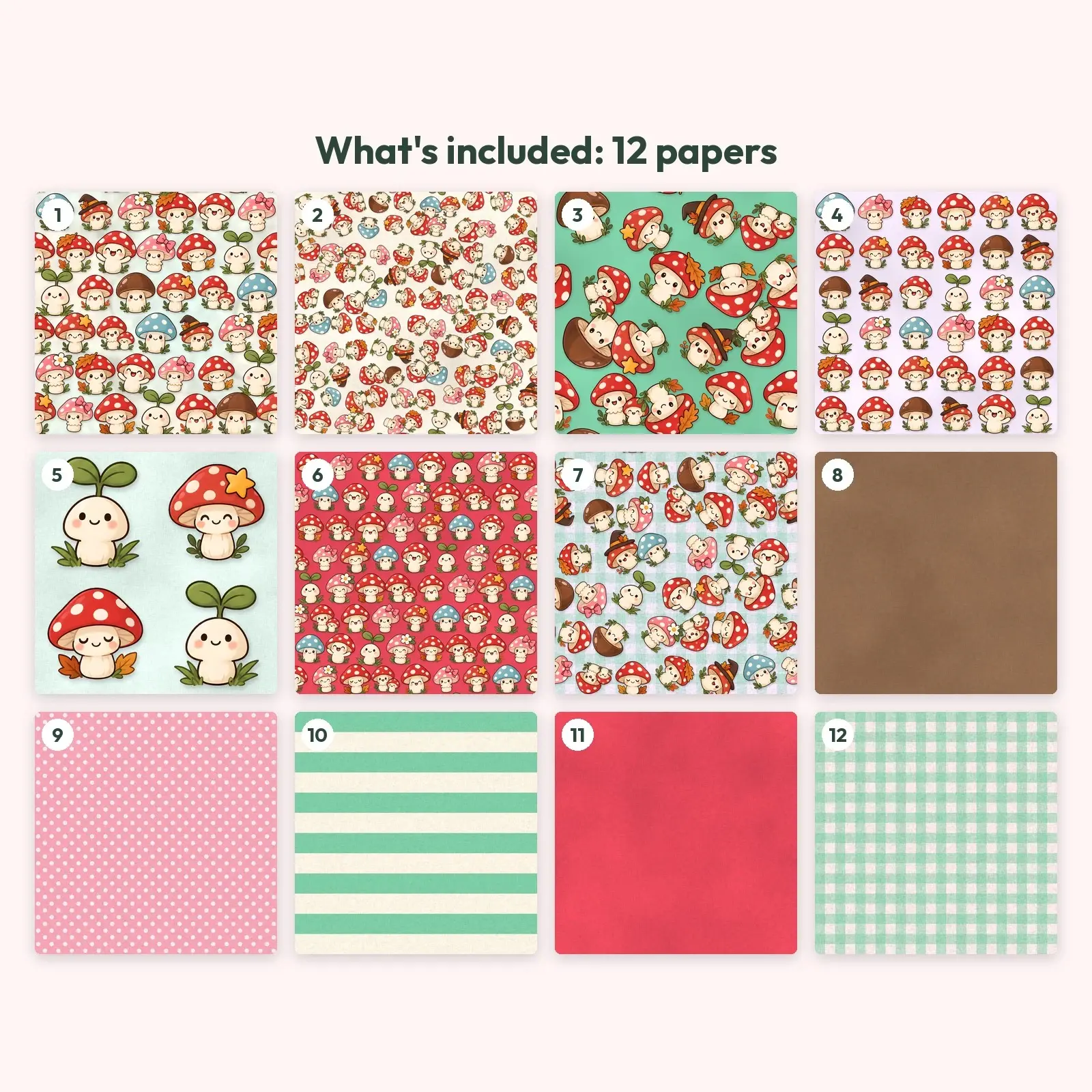 Kawaii Mushroom Friends Digital Scrapbook Paper – 12 Seamless Backgrounds, 12x12 in, preview 3 of 4