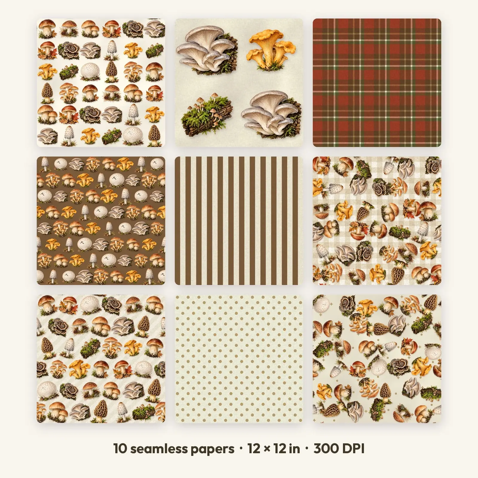 Forest Floor Mushrooms Seamless Digital Paper Pack – 10 Printable 12x12 Patterns preview