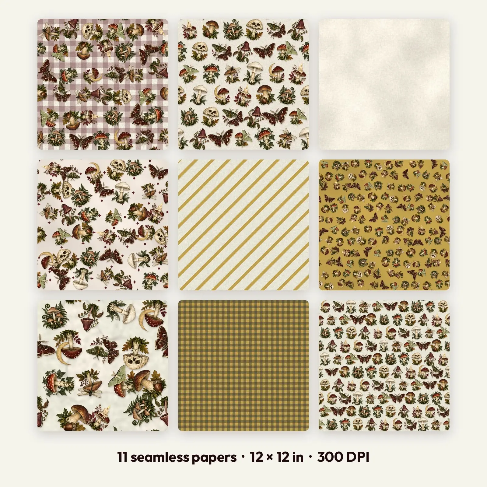11 Mushroom and Moth Seamless Backgrounds – Digital Paper Pack, 300 DPI JPG preview