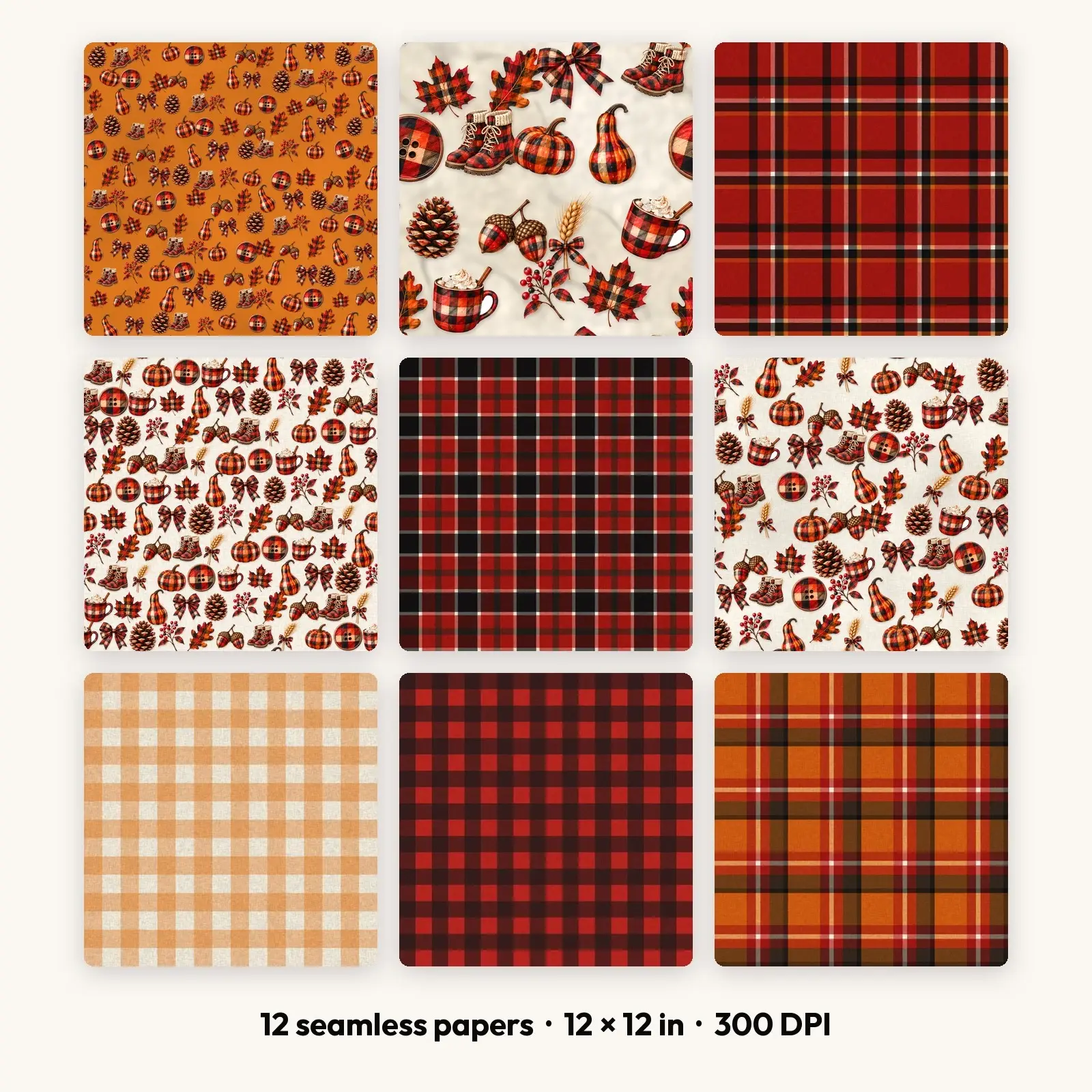 Buffalo Plaid and Pumpkins Seamless Patterns – 12 Digital Papers, 12x12 JPG + PNG preview
