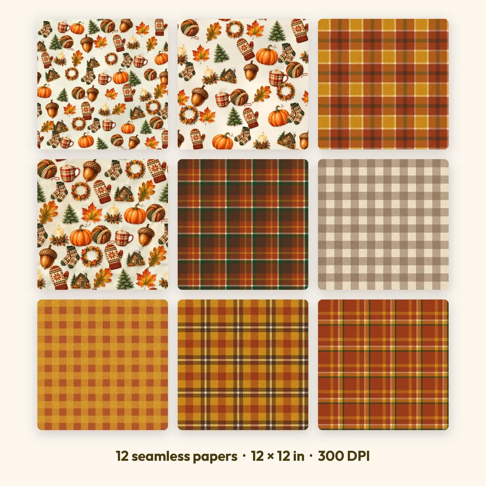 Flannel Autumn Plaid Digital Scrapbook Paper – 12 Seamless Backgrounds, 12x12 in preview