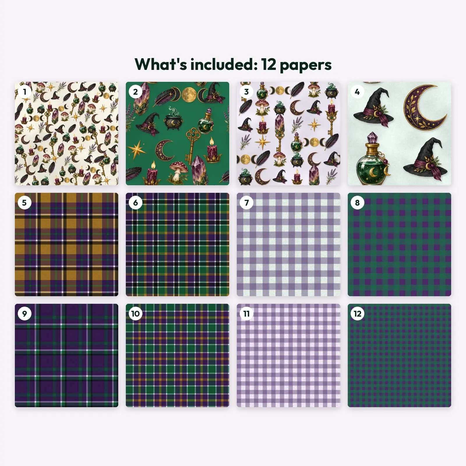 Witchy Purple Plaid Seamless Digital Paper Pack – 12 Printable 12x12 Patterns, preview 3 of 4