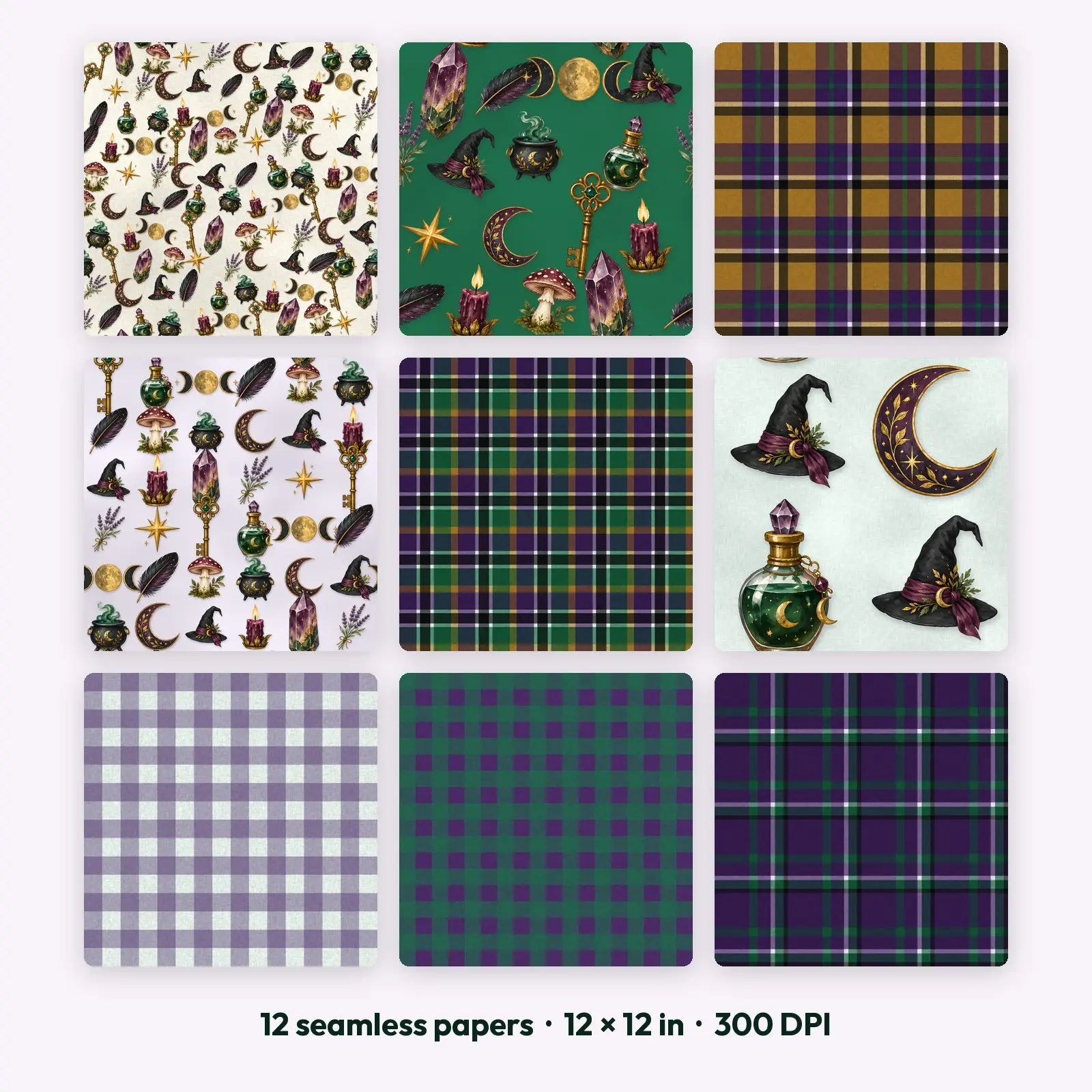 Witchy Purple Plaid Seamless Digital Paper Pack – 12 Printable 12x12 Patterns, preview 1 of 4