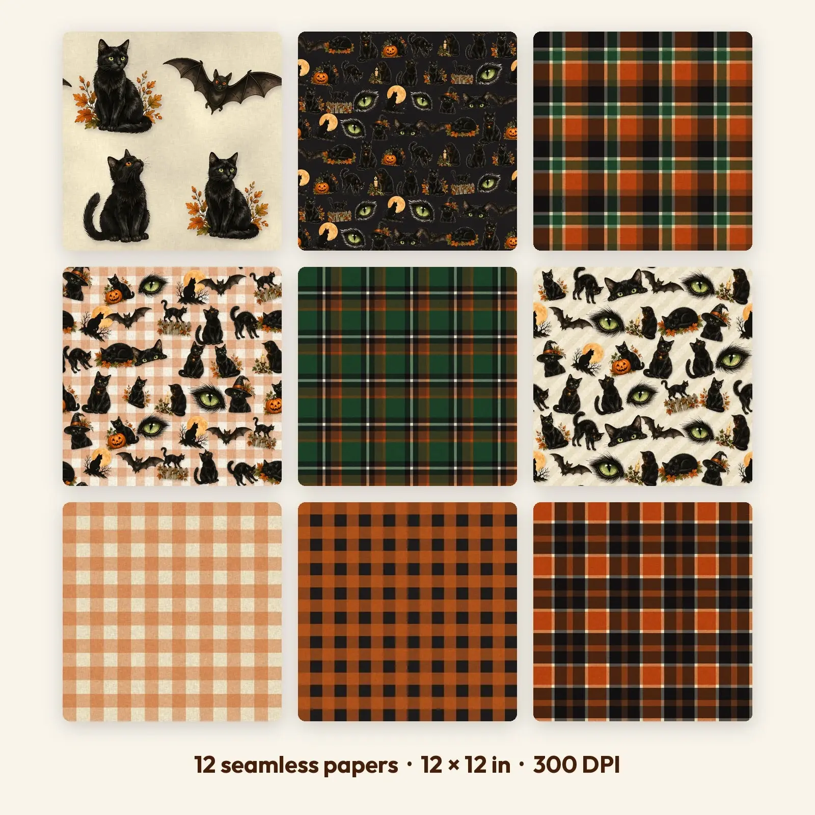 12 Spooky Tartan Cats Seamless Backgrounds – Digital Paper Pack, 300 DPI JPG preview