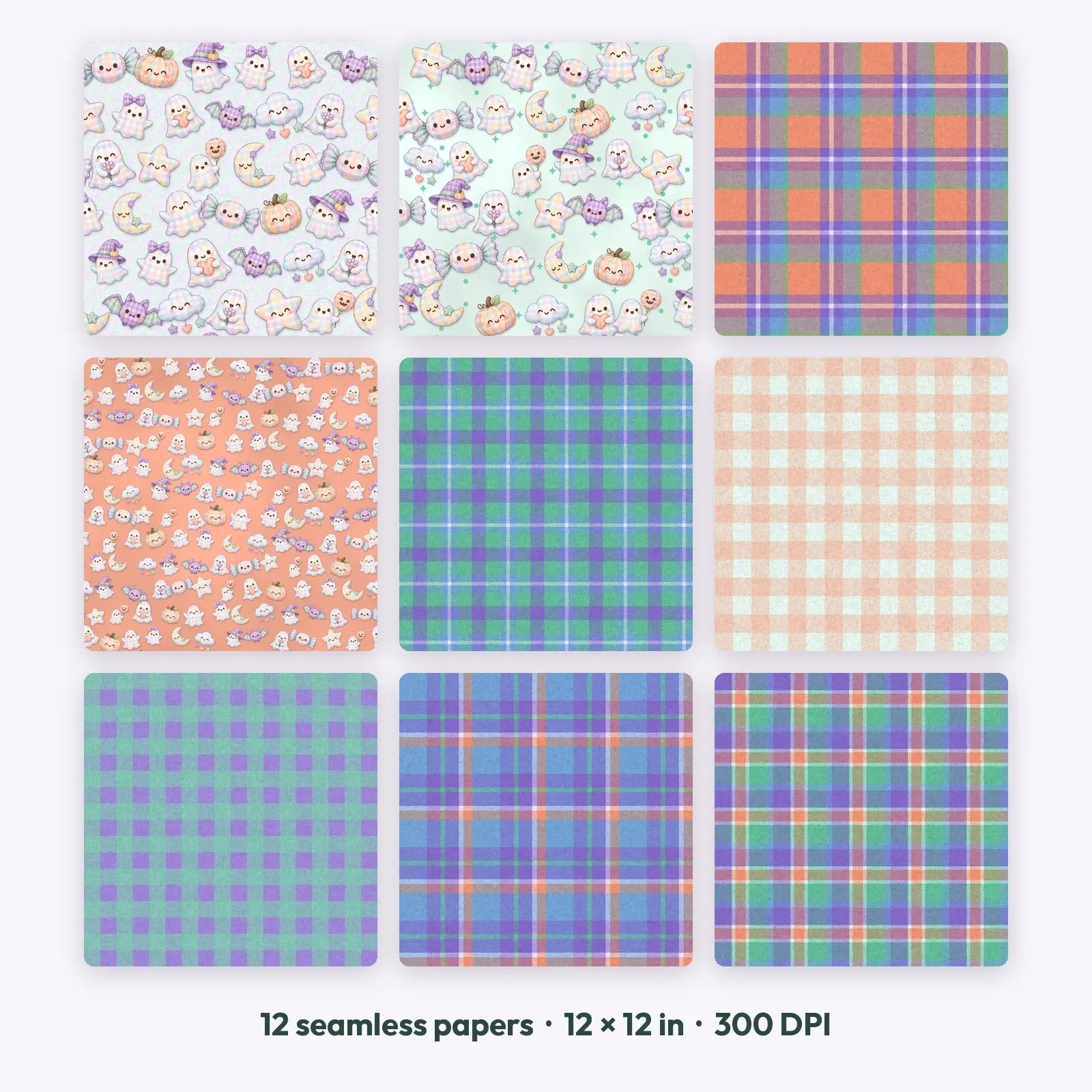 Pastel Gingham Ghosts Seamless Patterns – 12 Digital Papers, 12x12 JPG, preview 1 of 4