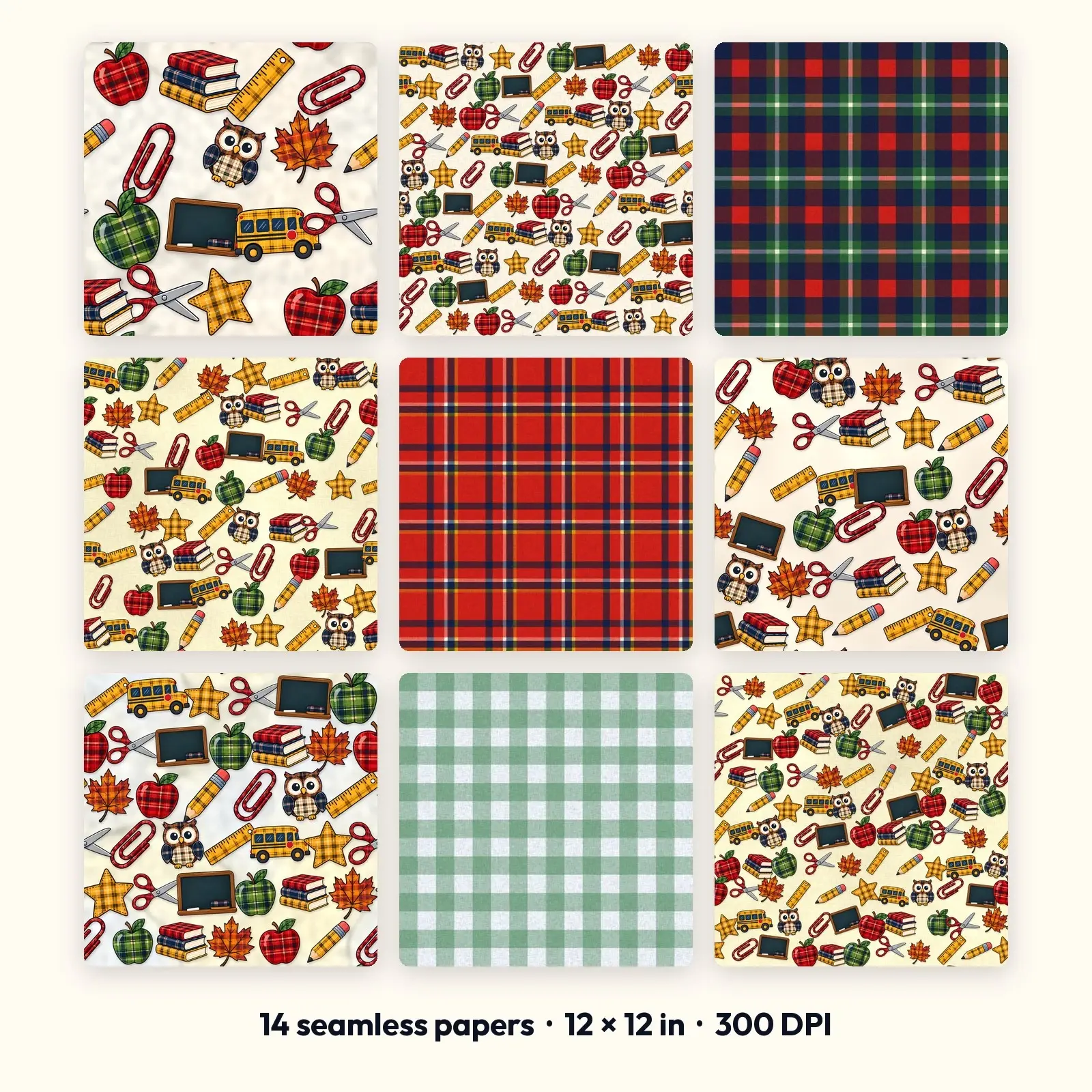 Classroom Plaid and Apples Digital Scrapbook Paper – 14 Seamless Backgrounds, 12x12 in preview