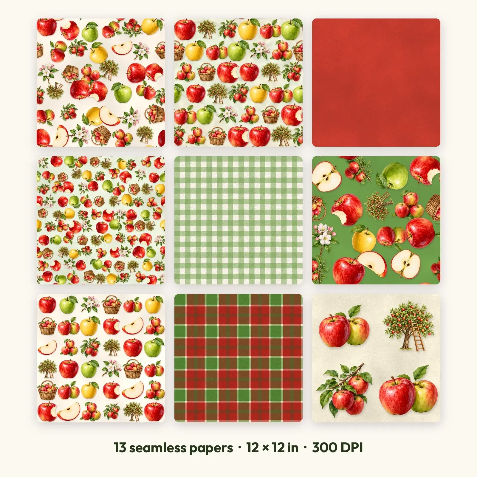 Orchard Apples Watercolor Seamless Digital Paper Pack – 13 Printable 12x12 Patterns preview