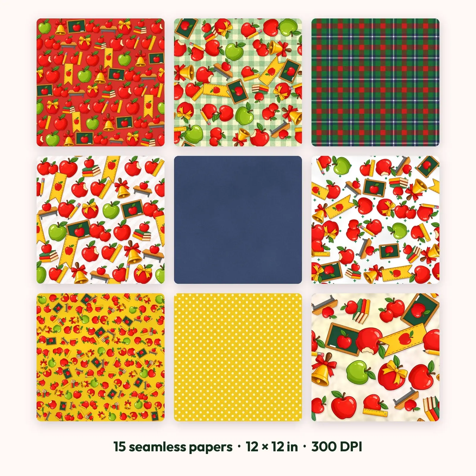 Teacher Apples and Gingham Seamless Patterns – 15 Digital Papers, 12x12 JPG preview