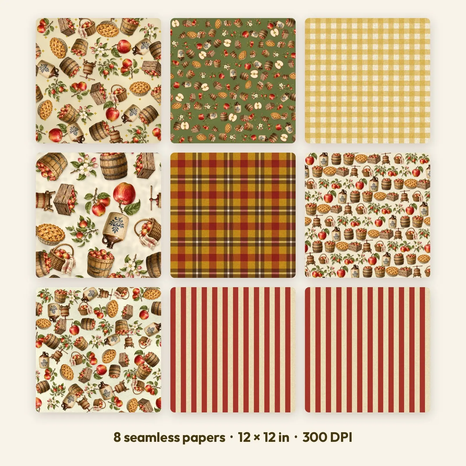Cider Mill Vintage Apples Digital Scrapbook Paper – 8 Seamless Backgrounds, 12x12 in preview