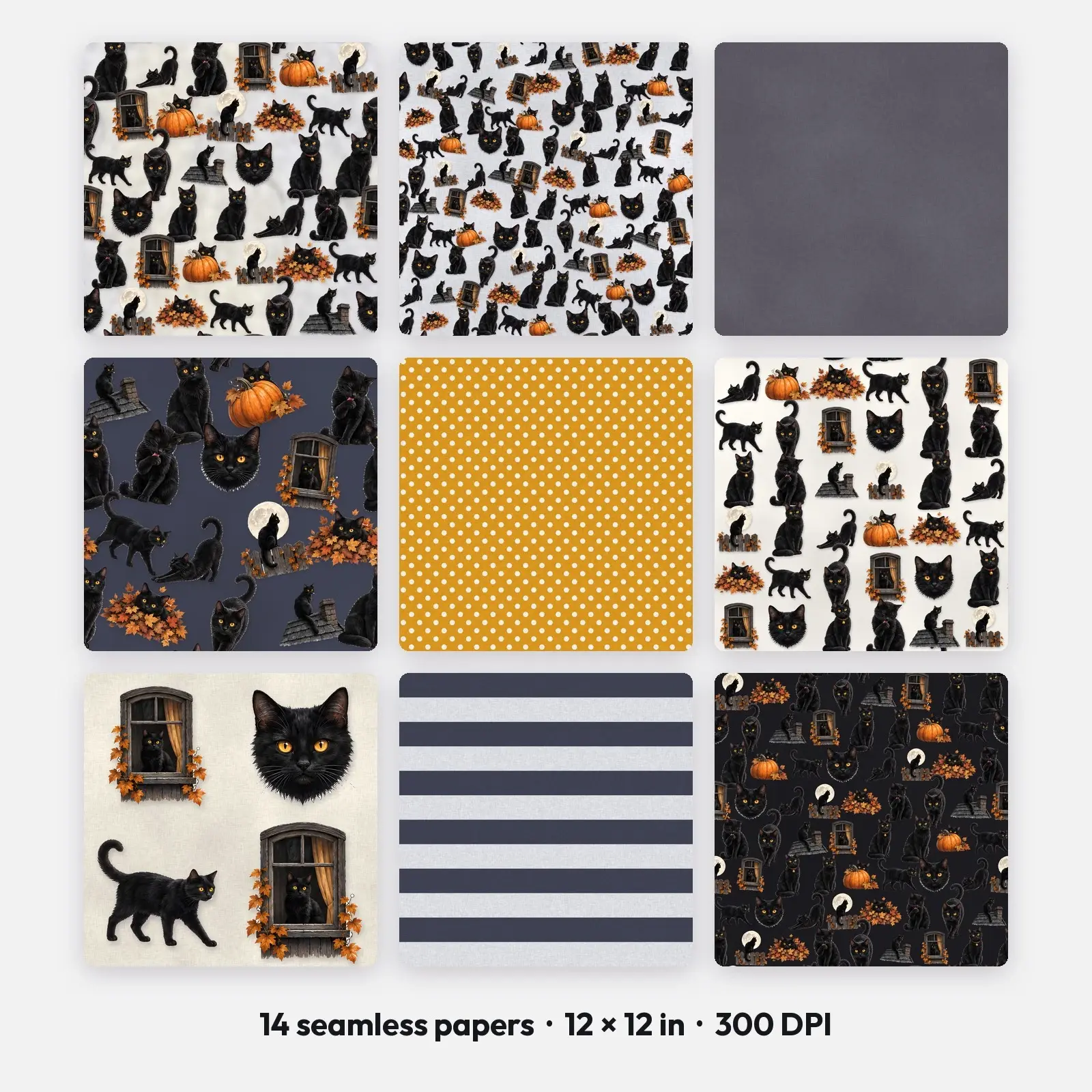14 Midnight Black Cat Seamless Backgrounds – Digital Paper Pack, 300 DPI JPG preview