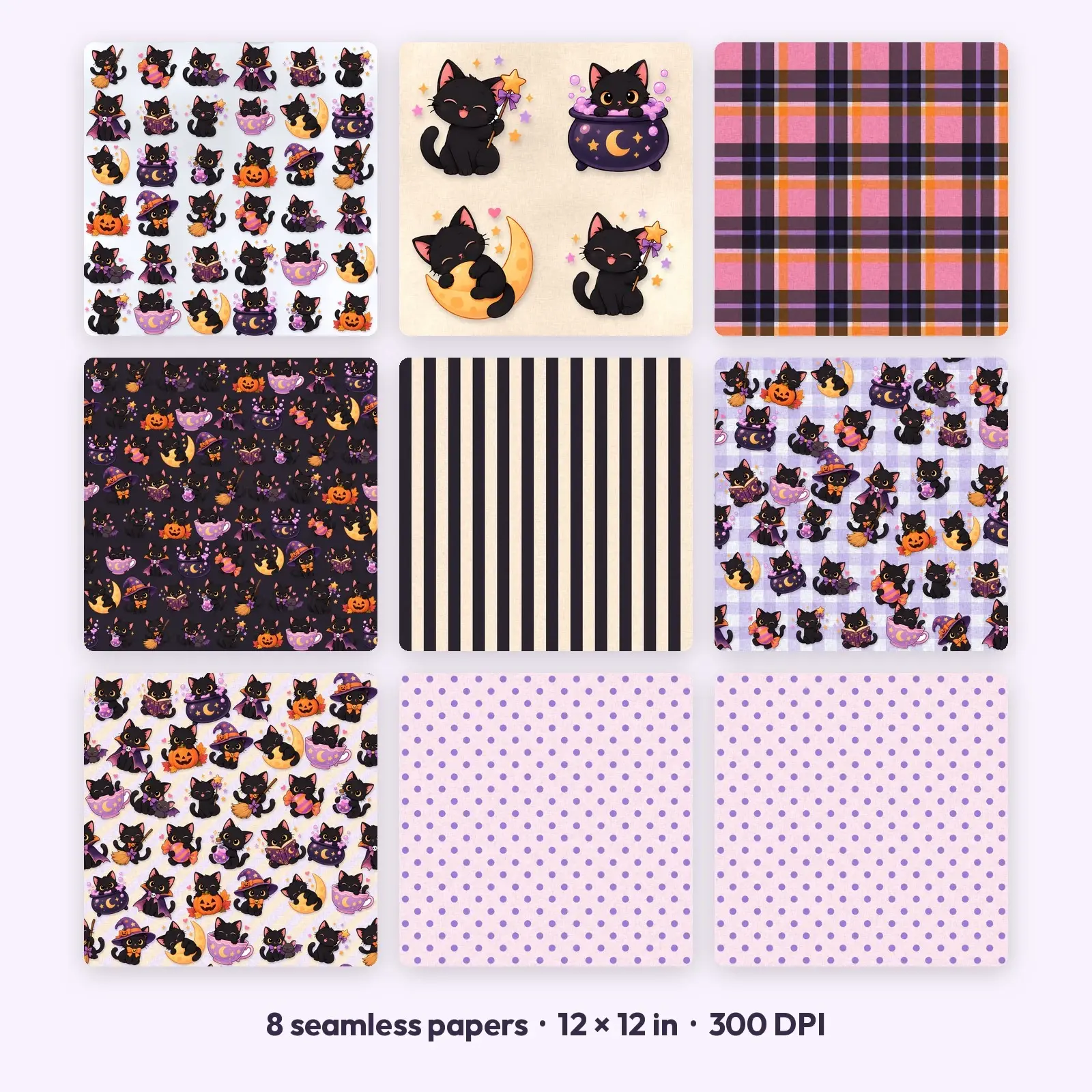 Kitten Witches Seamless Patterns – 8 Digital Papers, 12x12 JPG preview