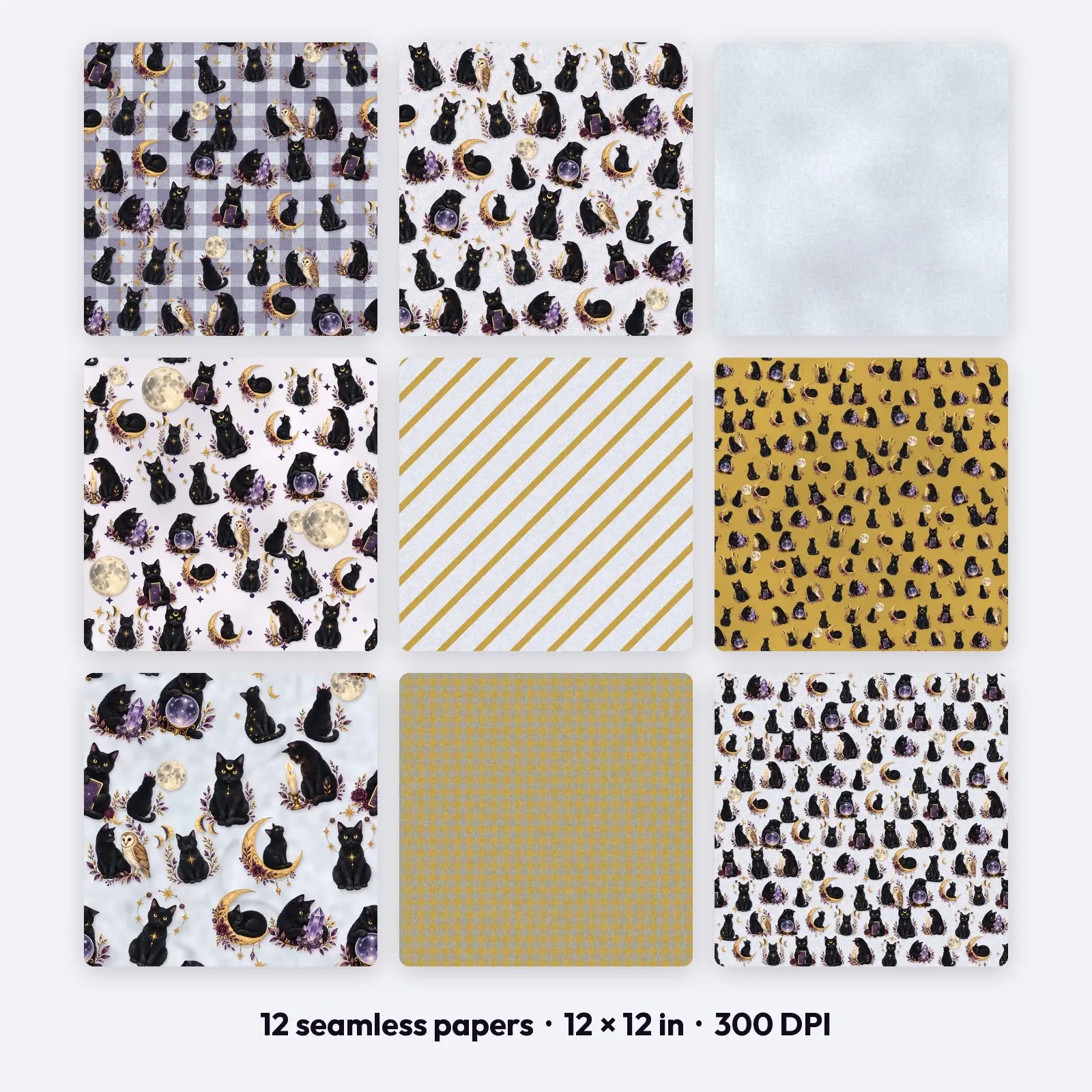Celestial Black Cat Digital Scrapbook Paper – 12 Seamless Backgrounds, 12x12 in preview