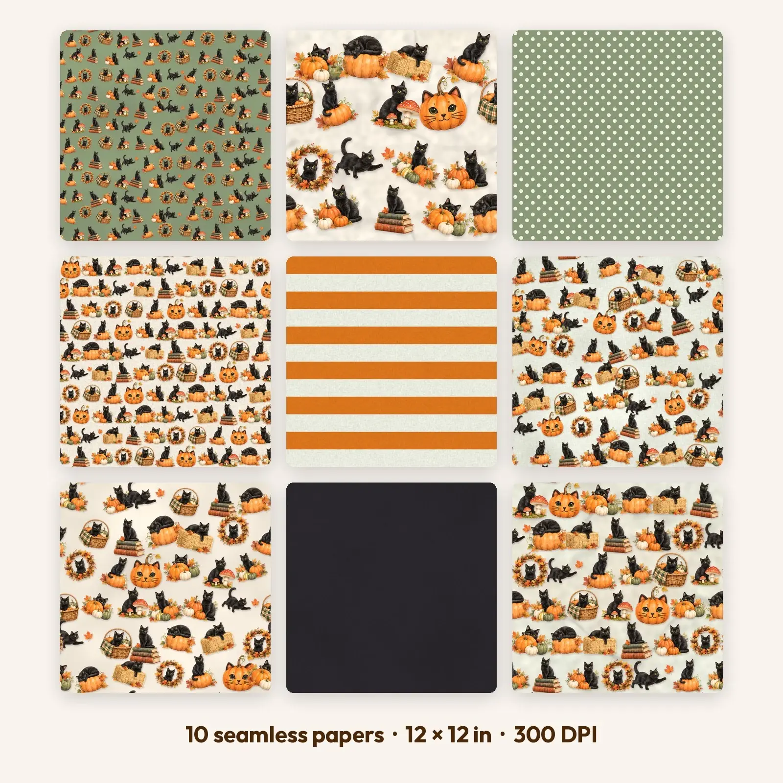 Cat on Pumpkin Watercolor Seamless Digital Paper Pack – 10 Printable 12x12 Patterns preview