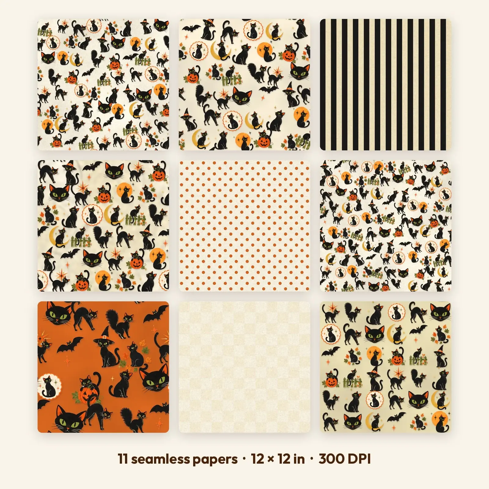11 Retro Arched Back Cat Seamless Backgrounds – Digital Paper Pack, 300 DPI JPG preview