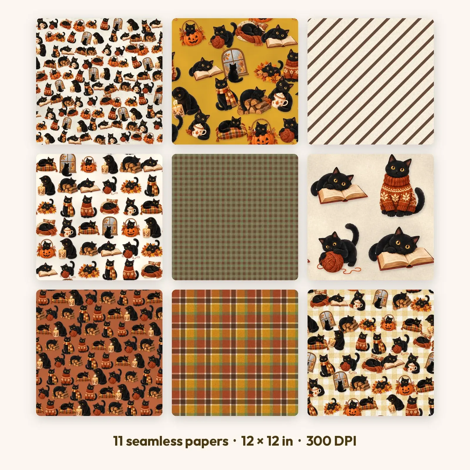 Cozy Cat Fall Naps Seamless Patterns – 11 Digital Papers, 12x12 JPG + PNG preview