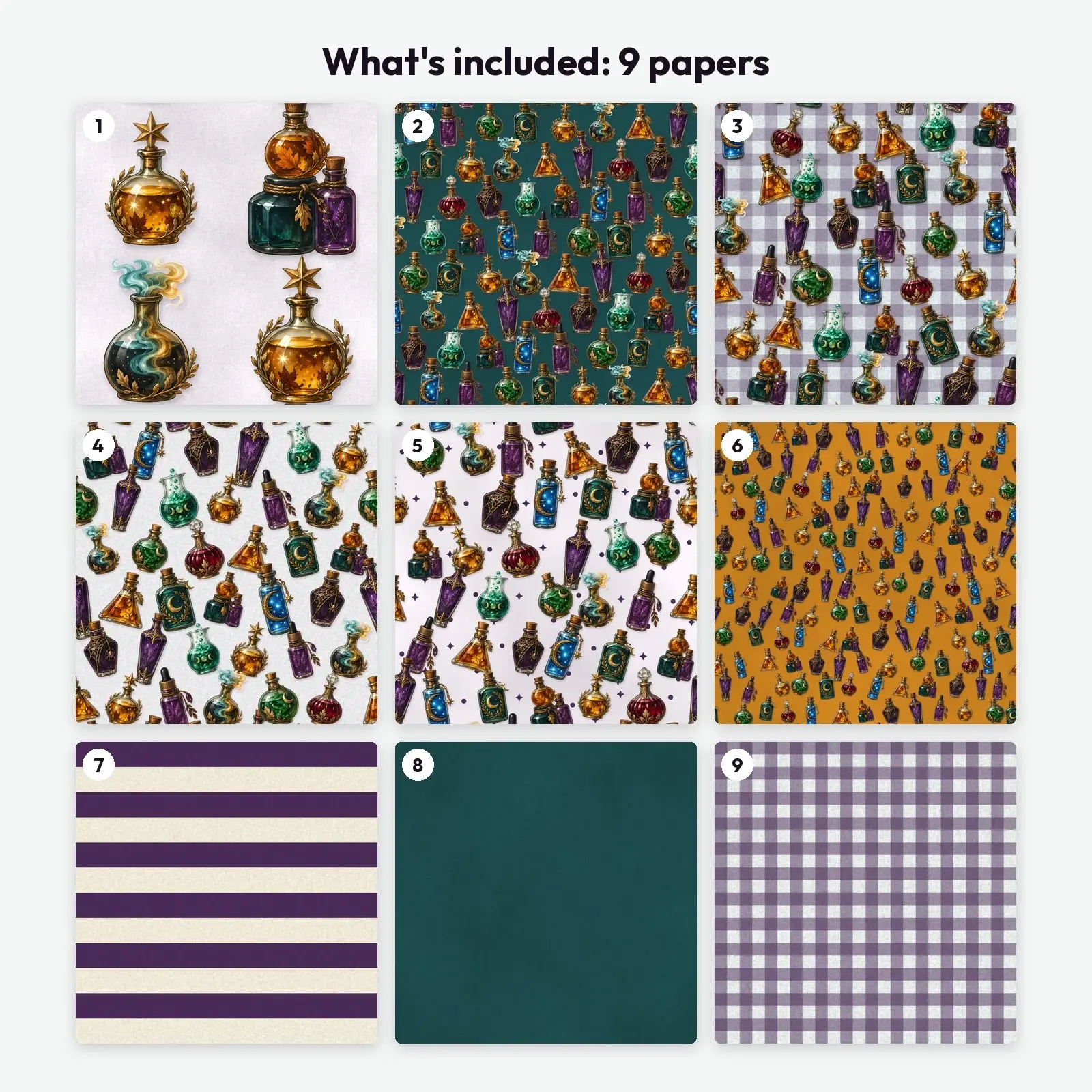 Apothecary Potion Bottles Digital Scrapbook Paper – 9 Seamless Backgrounds, 12x12 in, preview 3 of 4